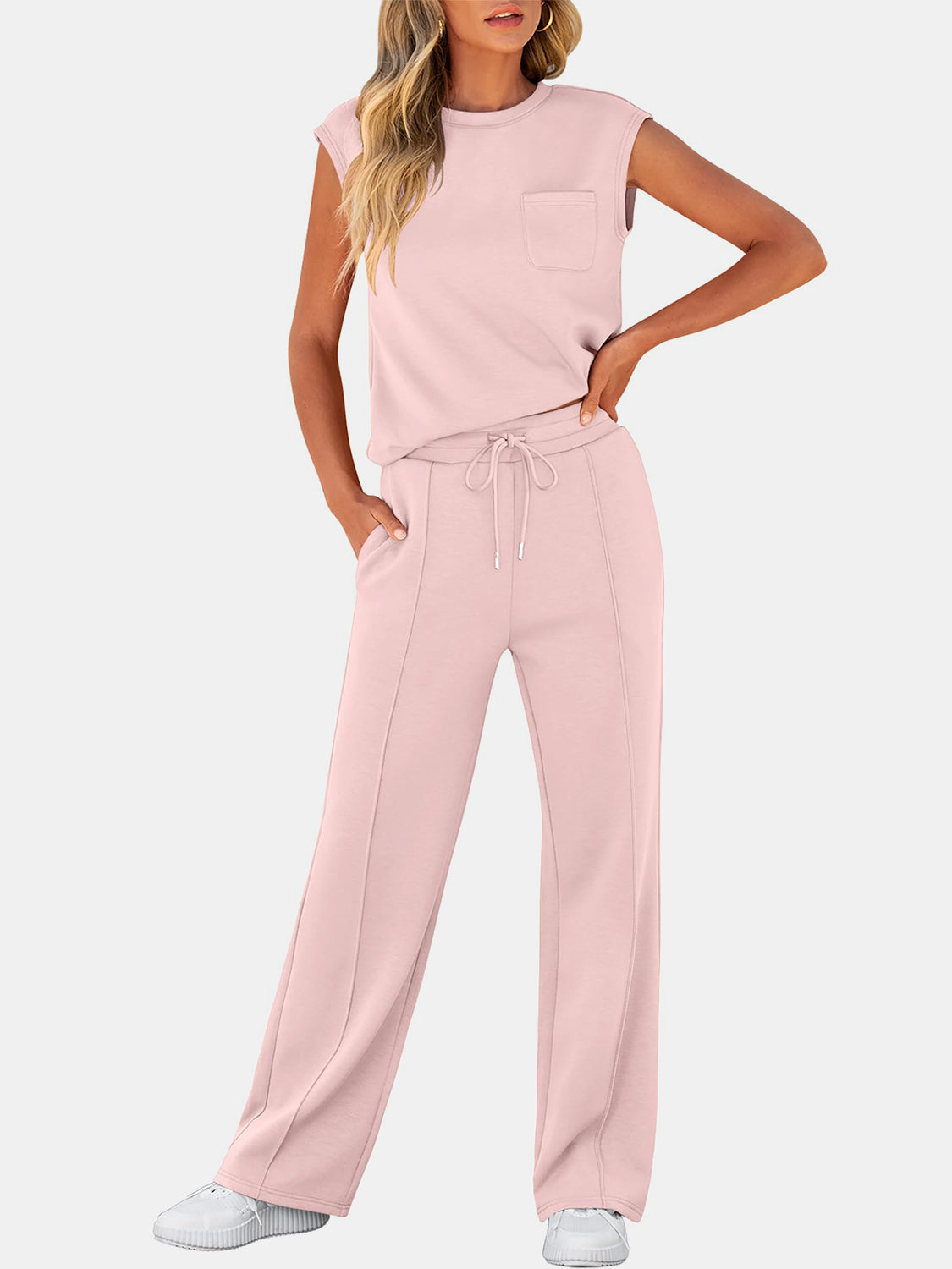 Full Size Round Neck Top and Drawstring Pants Set-TOPS / DRESSES-[Adult]-[Female]-Blush Pink-S-2022 Online Blue Zone Planet