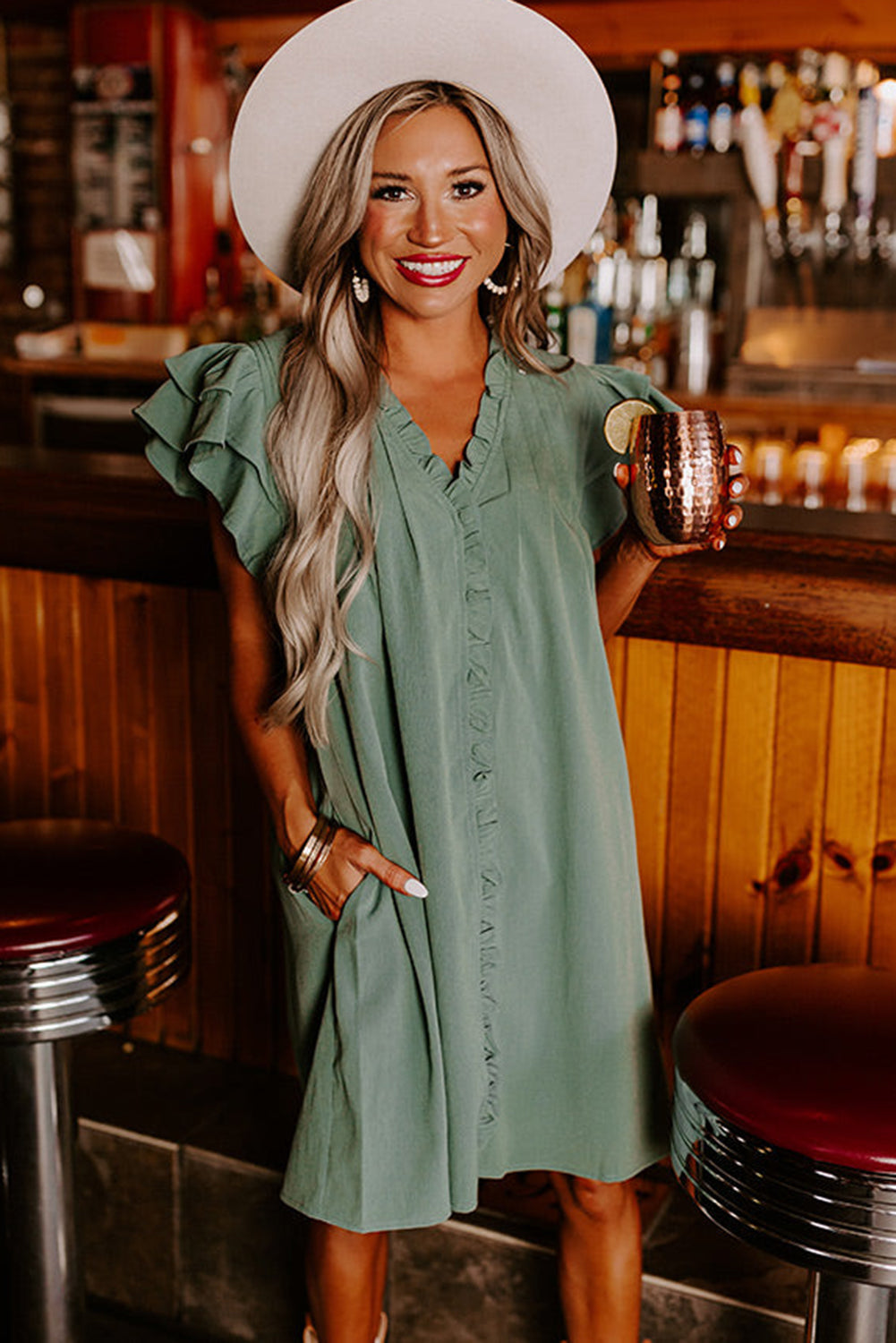 Blue Zone Planet |  Mist Green Ruffle Sleeve V Neck Frilled Shift Dress Blue Zone Planet