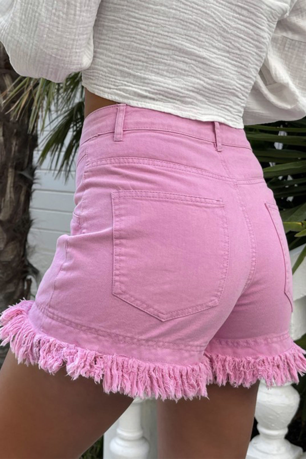 Pink Frayed Edge Mid Rise Denim Shorts-Bottoms/Denim Shorts-[Adult]-[Female]-2022 Online Blue Zone Planet