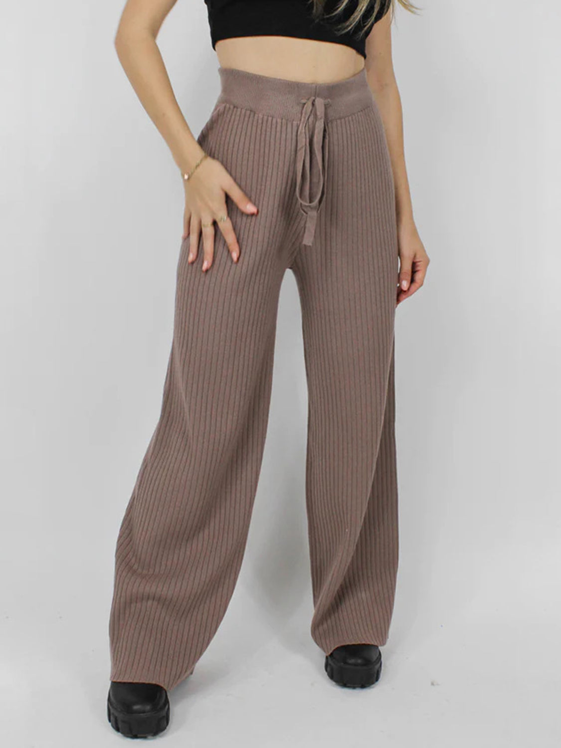 Blue Zone Planet | Ribbed Wide Leg Sweater Pants-BOTTOMS SIZES SMALL MEDIUM LARGE-[Adult]-[Female]-Taupe-S-2022 Online Blue Zone Planet