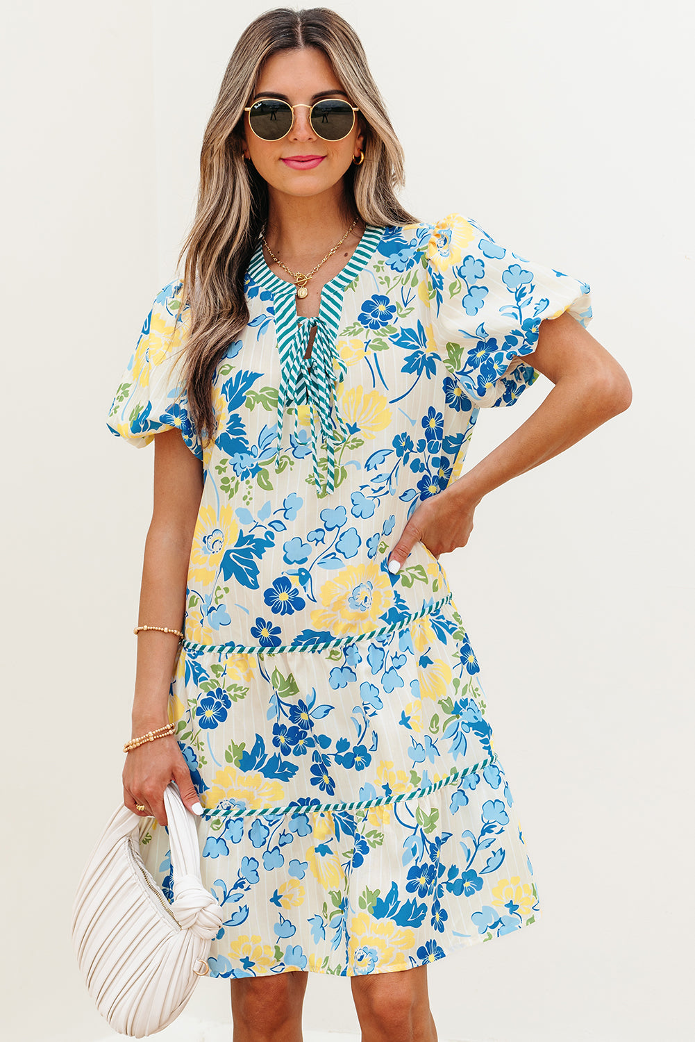 Blue Floral Striped Trim Puff Short Sleeve Dress-TOPS / DRESSES-[Adult]-[Female]-2022 Online Blue Zone Planet