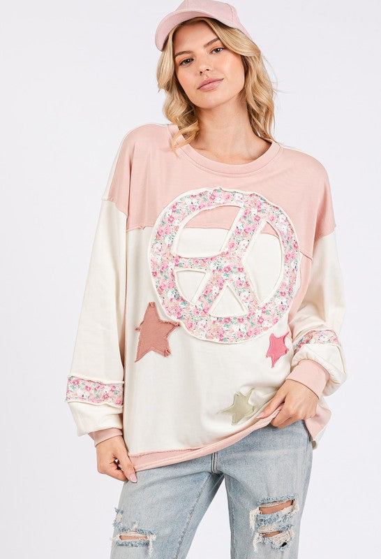 SAGE + FIG Peace & Star Patch Contrast Round Neck Sweatshirt-TOPS / DRESSES-[Adult]-[Female]-2022 Online Blue Zone Planet