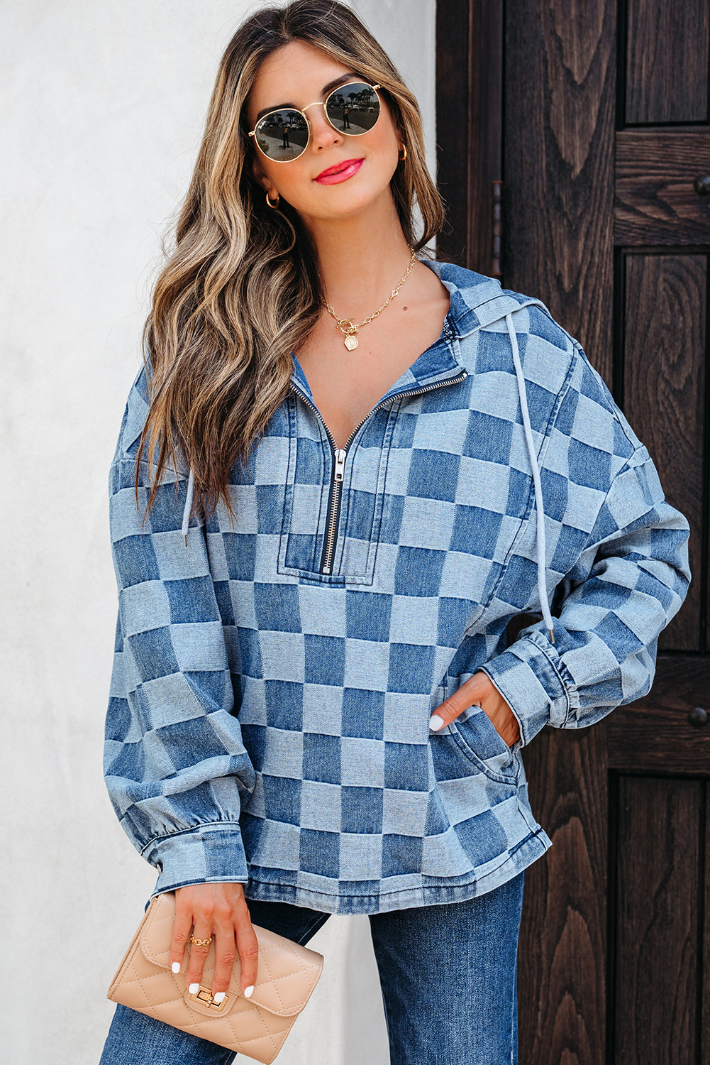 Sky Blue Checkerboard Zipped Neck Kangaroo Pocket Denim Hoodie-Tops/Sweatshirts & Hoodies-[Adult]-[Female]-2022 Online Blue Zone Planet