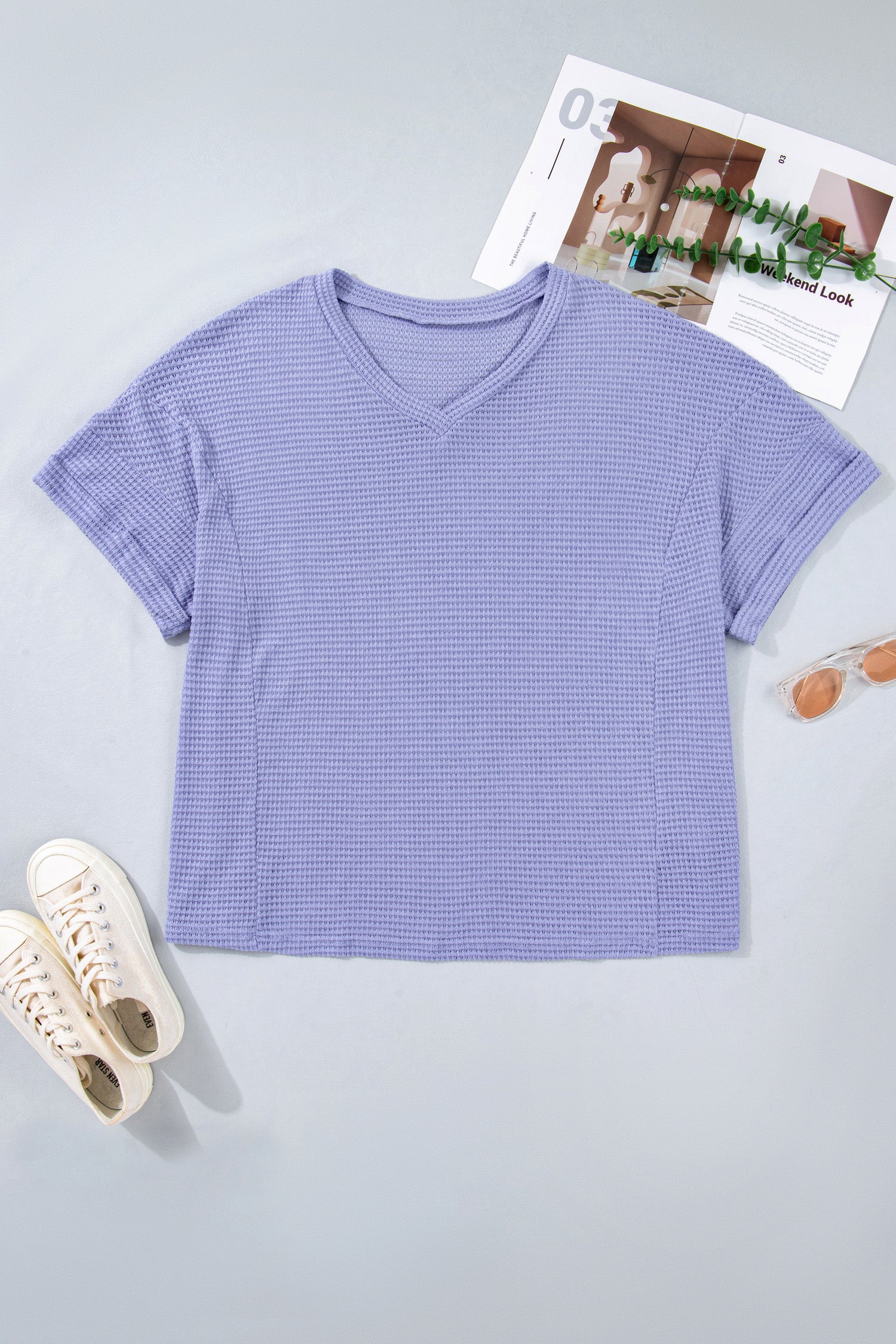 Wisteria V Neck Short Sleeve Plus Size Waffle Knit Top-Plus Size/Plus Size Tops/Plus Size Tops & Tees-[Adult]-[Female]-2022 Online Blue Zone Planet
