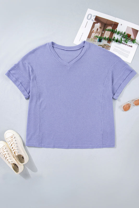 Wisteria V Neck Short Sleeve Plus Size Waffle Knit Top-Plus Size/Plus Size Tops/Plus Size Tops & Tees-[Adult]-[Female]-2022 Online Blue Zone Planet