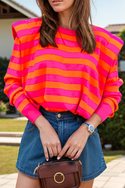 Striped Round Neck Long Sleeve Knit Top-TOPS / DRESSES-[Adult]-[Female]-Hot Pink-S-2022 Online Blue Zone Planet