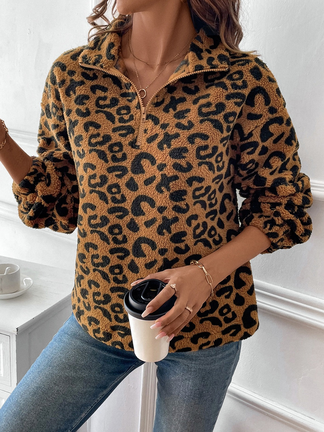 Leopard Half Zip Long Sleeve Sweatshirt-TOPS / DRESSES-[Adult]-[Female]-2022 Online Blue Zone Planet