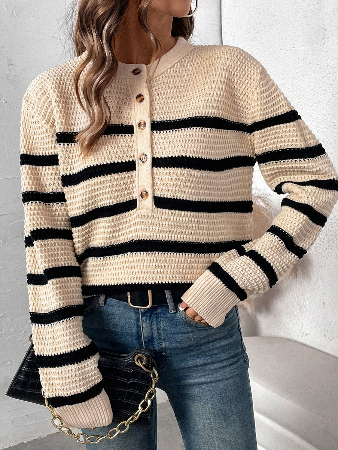 Perfee Striped Half Button Long Sleeve Sweater-TOPS / DRESSES-[Adult]-[Female]-Tan-S-2022 Online Blue Zone Planet