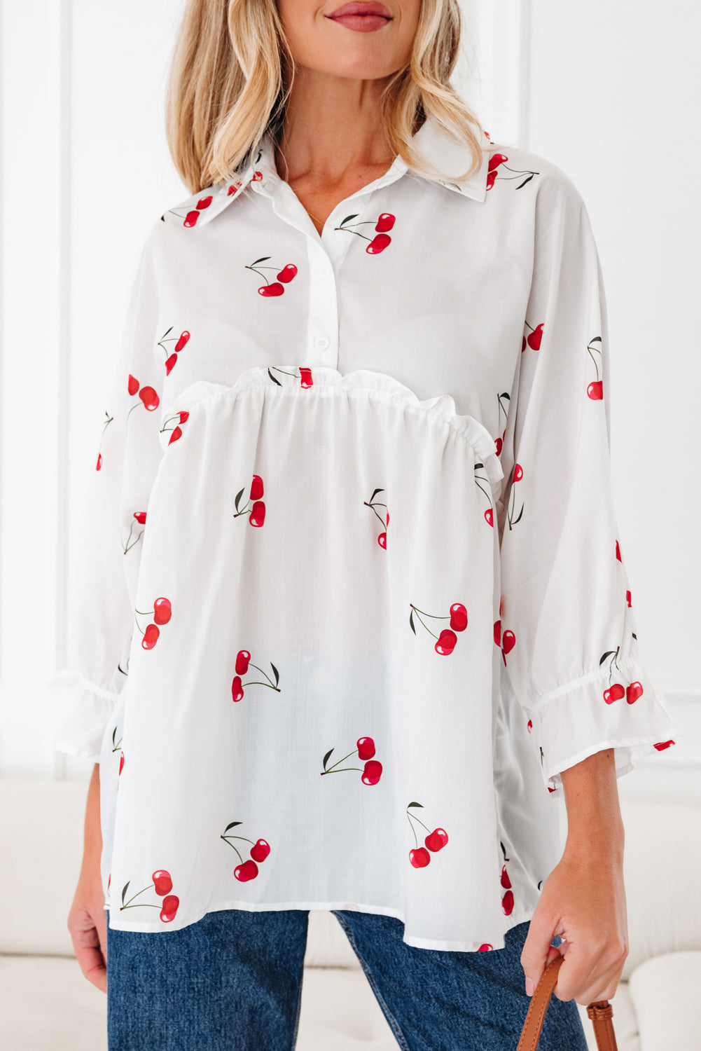 White Cherry Print Flounce Sleeve Collared Frilled Babydoll Blouse-Tops/Blouses & Shirts-[Adult]-[Female]-2022 Online Blue Zone Planet