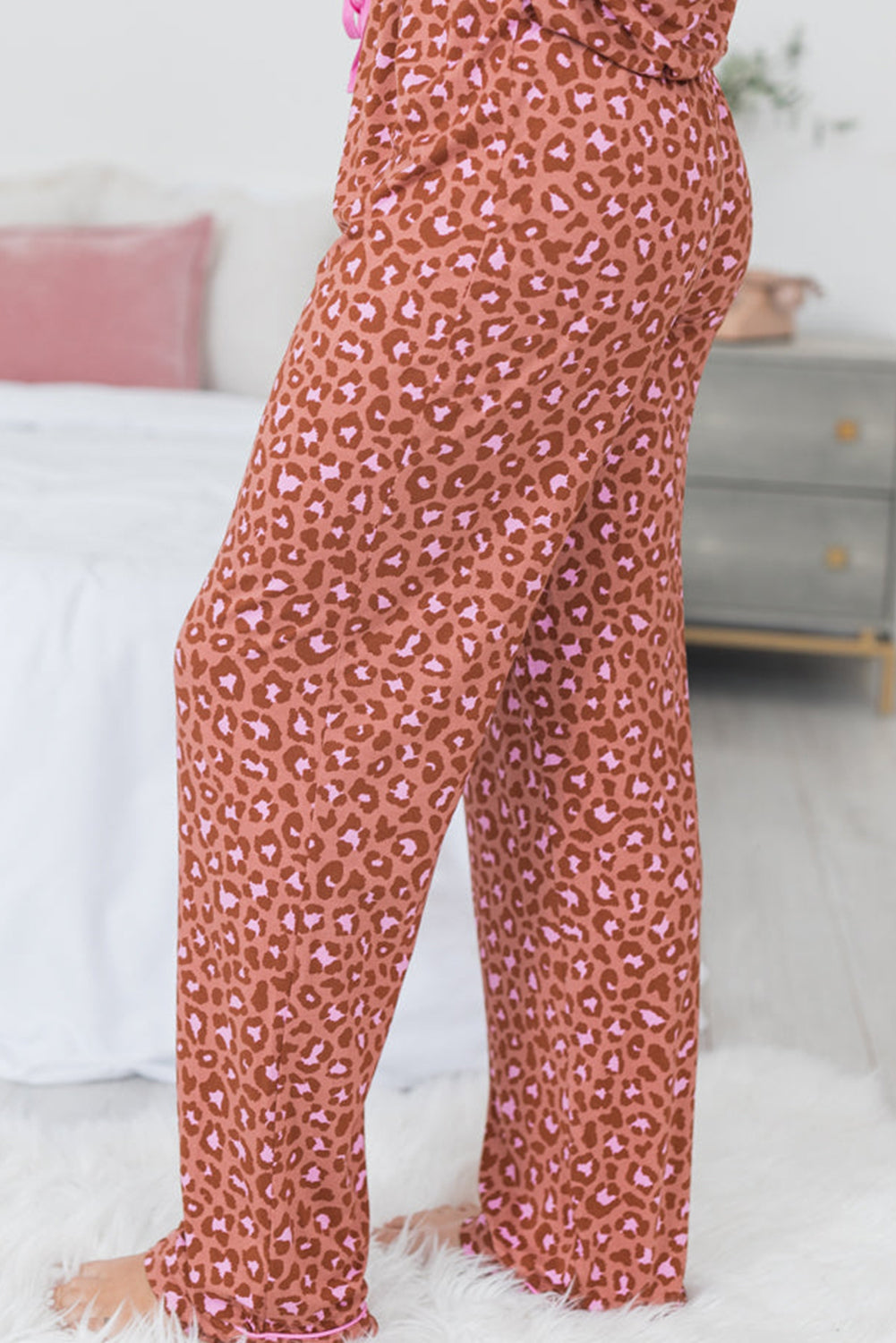 Blue Zone Planet | Brown Leopard Print Short Sleeve Shirt and Pants Pajamas Set-Loungewear & Sleepwear/Sleepwear-[Adult]-[Female]-2022 Online Blue Zone Planet