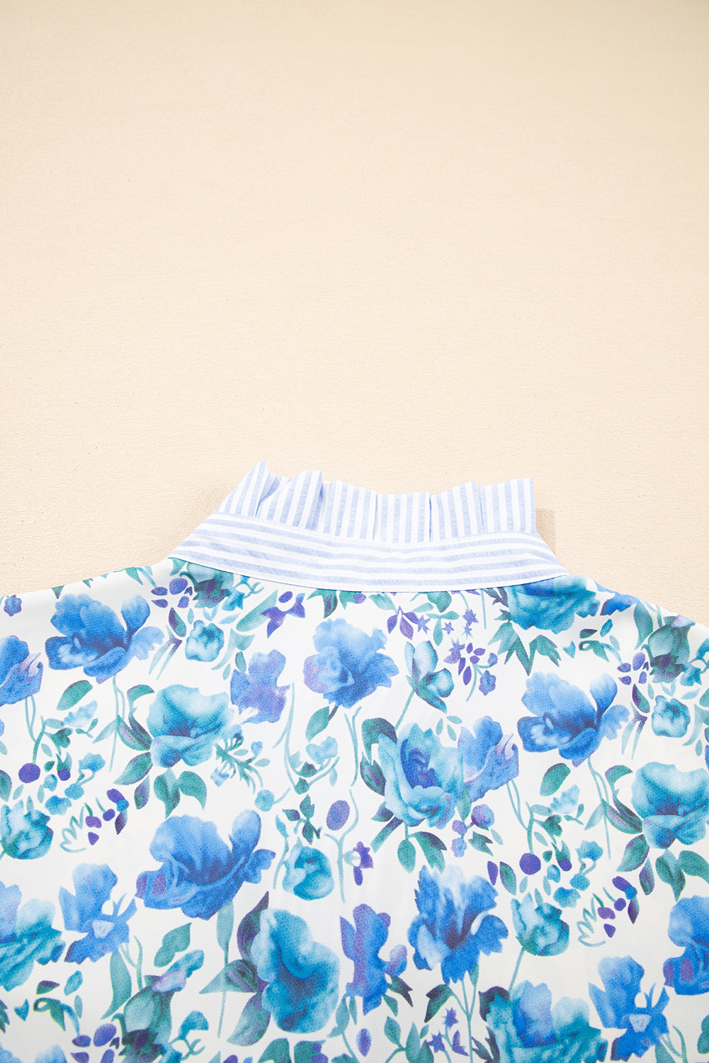 Sky Blue Floral Print Striped Patchwork Collared Short Sleeve Blouse-Tops/Blouses & Shirts-[Adult]-[Female]-2022 Online Blue Zone Planet