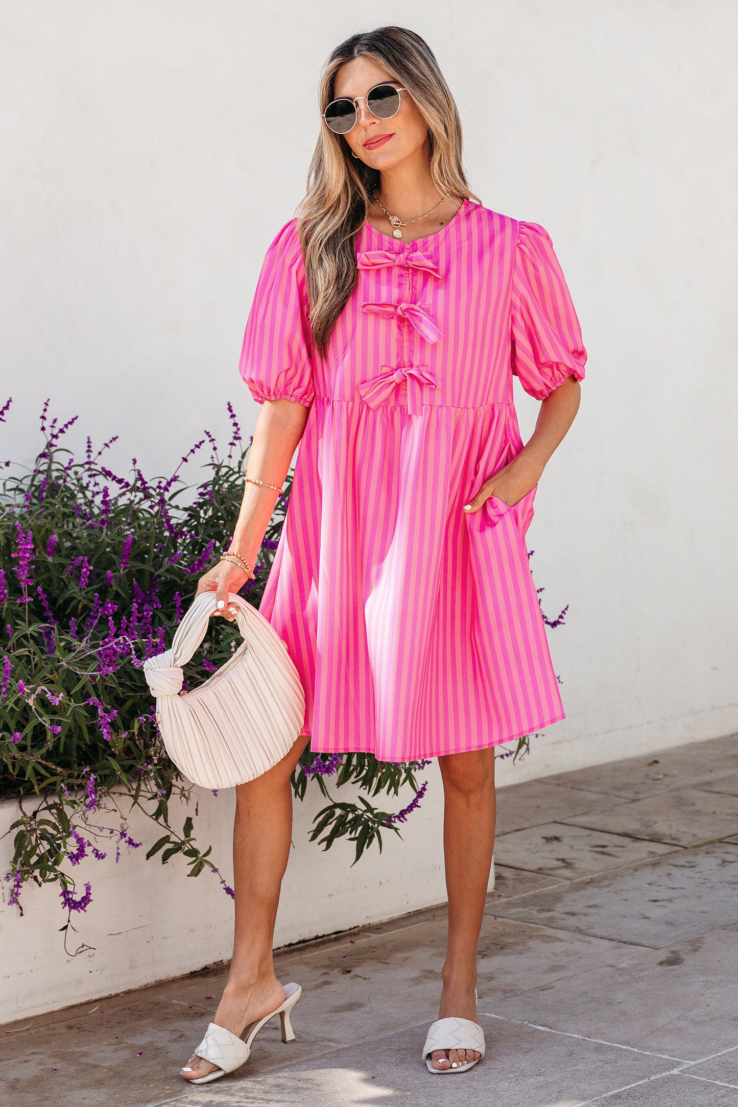 Rose Striped Print Bow Detail Short Puff Sleeve Mini Dress-TOPS / DRESSES-[Adult]-[Female]-2022 Online Blue Zone Planet