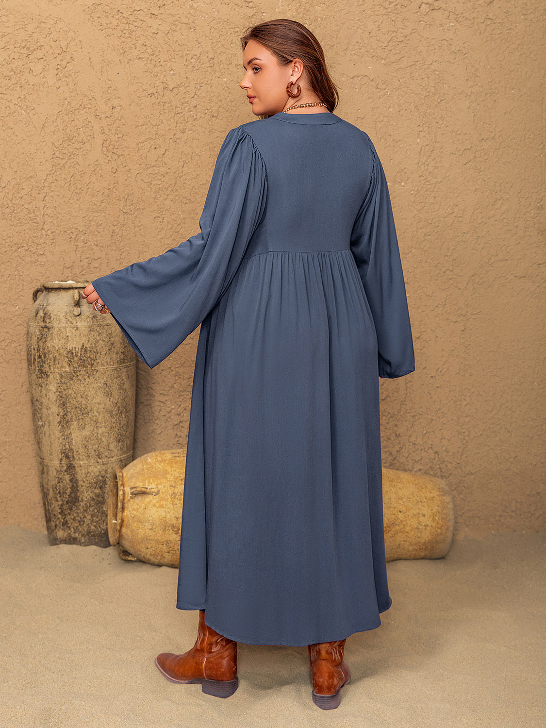 Plus Size Lace Detail Notched Long Sleeve Midi Dress-TOPS / DRESSES-[Adult]-[Female]-2022 Online Blue Zone Planet