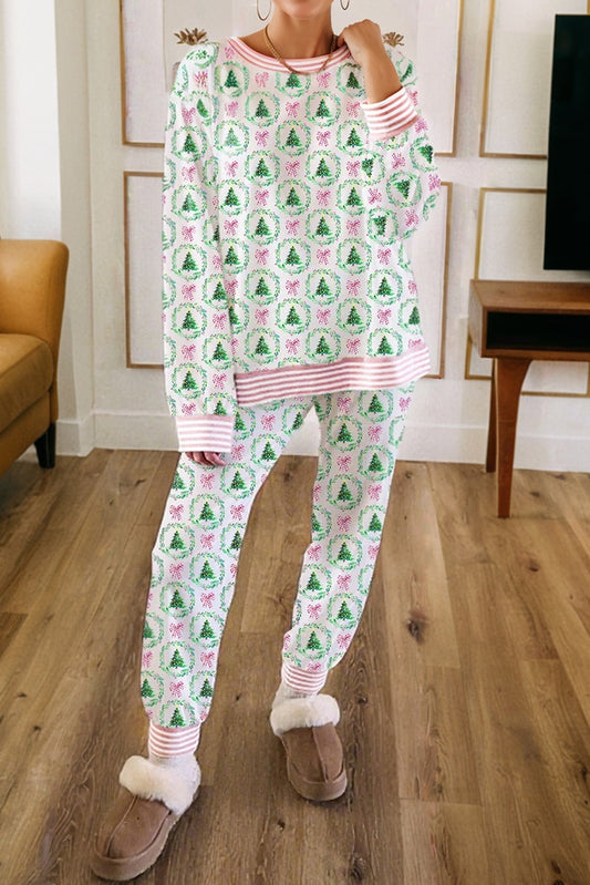 Green Bow Christmas Tree Print Contrast Striped Banding 2pcs Lounge Set-Loungewear & Sleepwear/Loungewear-[Adult]-[Female]-Green-S-2022 Online Blue Zone Planet