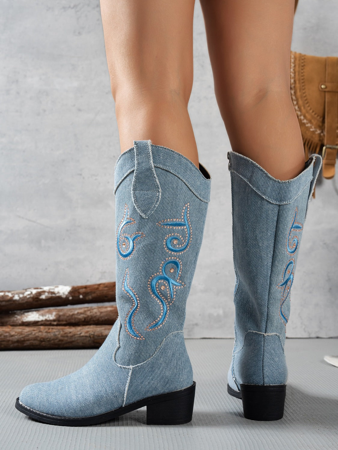 Embroidered Point Toe Block Heel Boots-BOOTS-[Adult]-[Female]-2022 Online Blue Zone Planet