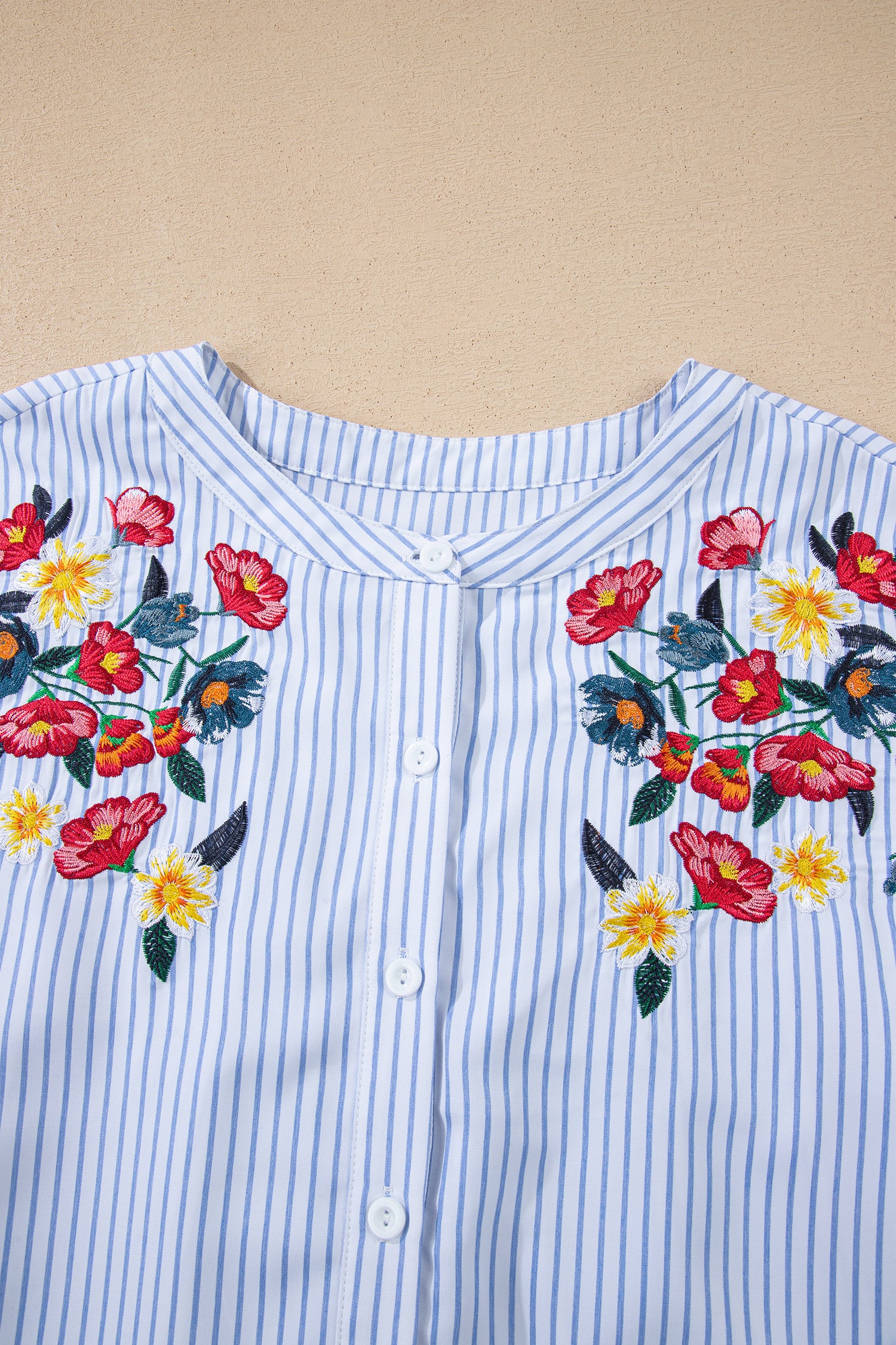 Sky Blue Stripe Floral Embroidered Billowy Sleeve Tunic Baggy Shirt-Tops/Blouses & Shirts-[Adult]-[Female]-2022 Online Blue Zone Planet