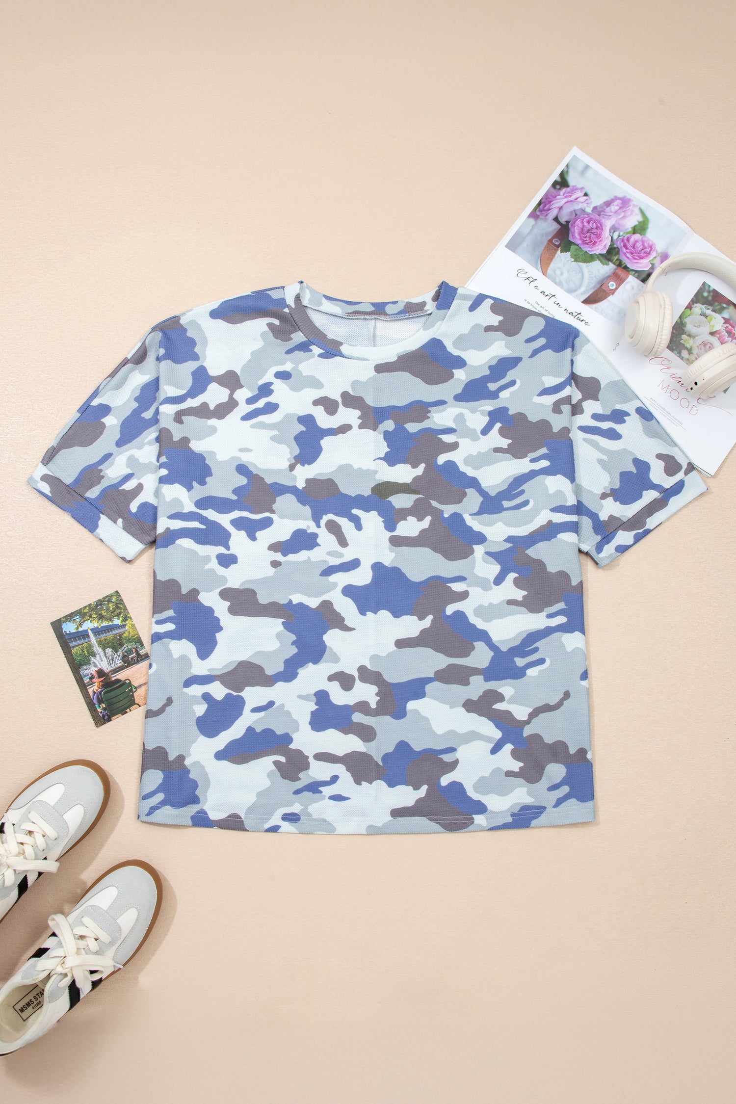 Gray Plus Size Camouflage Print Textured Casual Tee-Plus Size/Plus Size Tops/Plus Size Tops & Tees-[Adult]-[Female]-2022 Online Blue Zone Planet