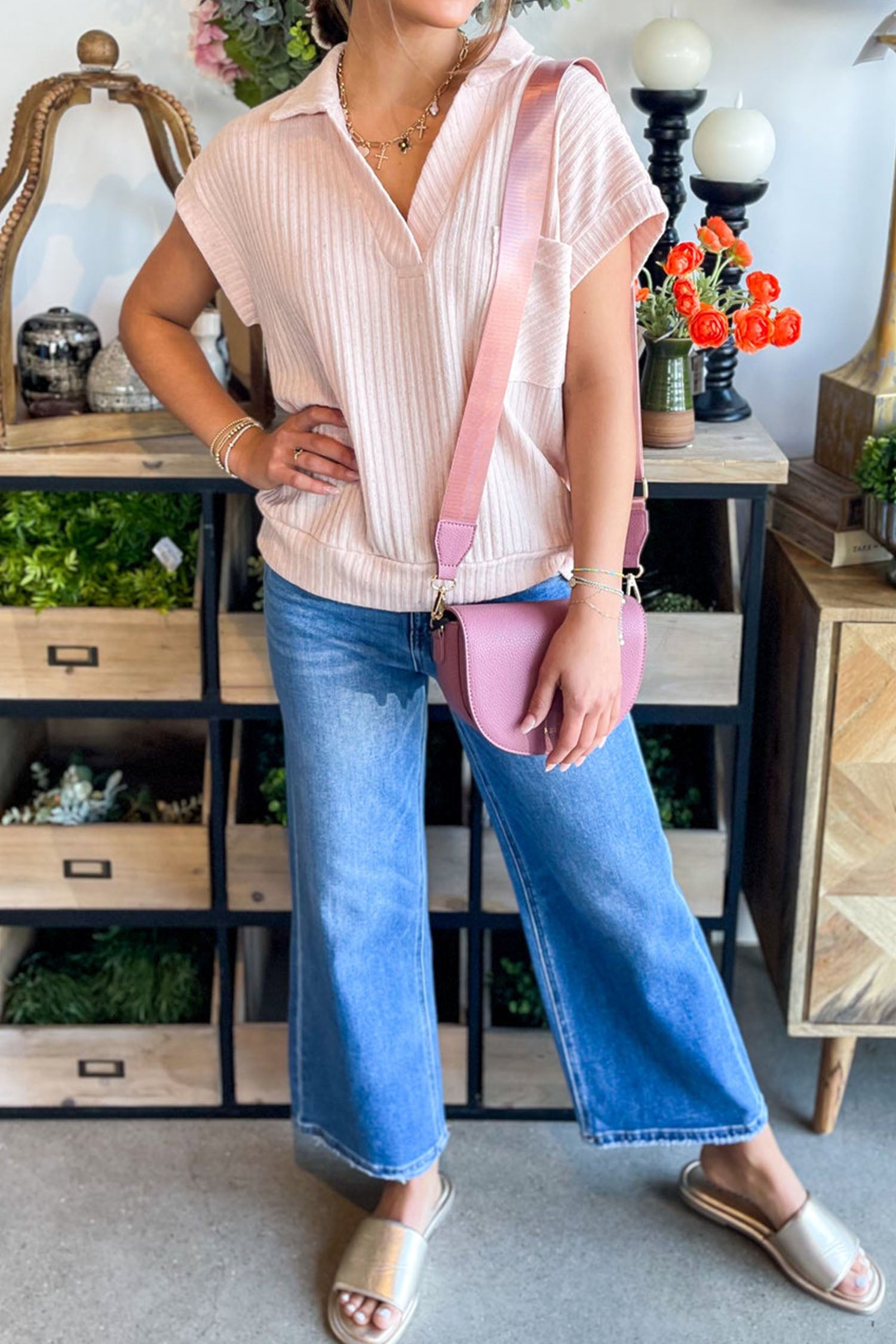 Light Pink Collared V Neck Ribbed Tee-Tops/Tops & Tees-[Adult]-[Female]-2022 Online Blue Zone Planet