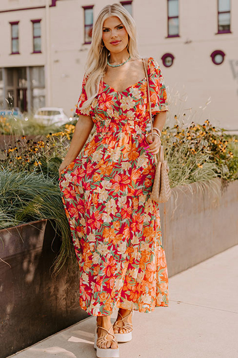 Orange Plus Size Floral V Neck Cinched Waist Maxi Dress-Plus Size Dresses-[Adult]-[Female]-2022 Online Blue Zone Planet