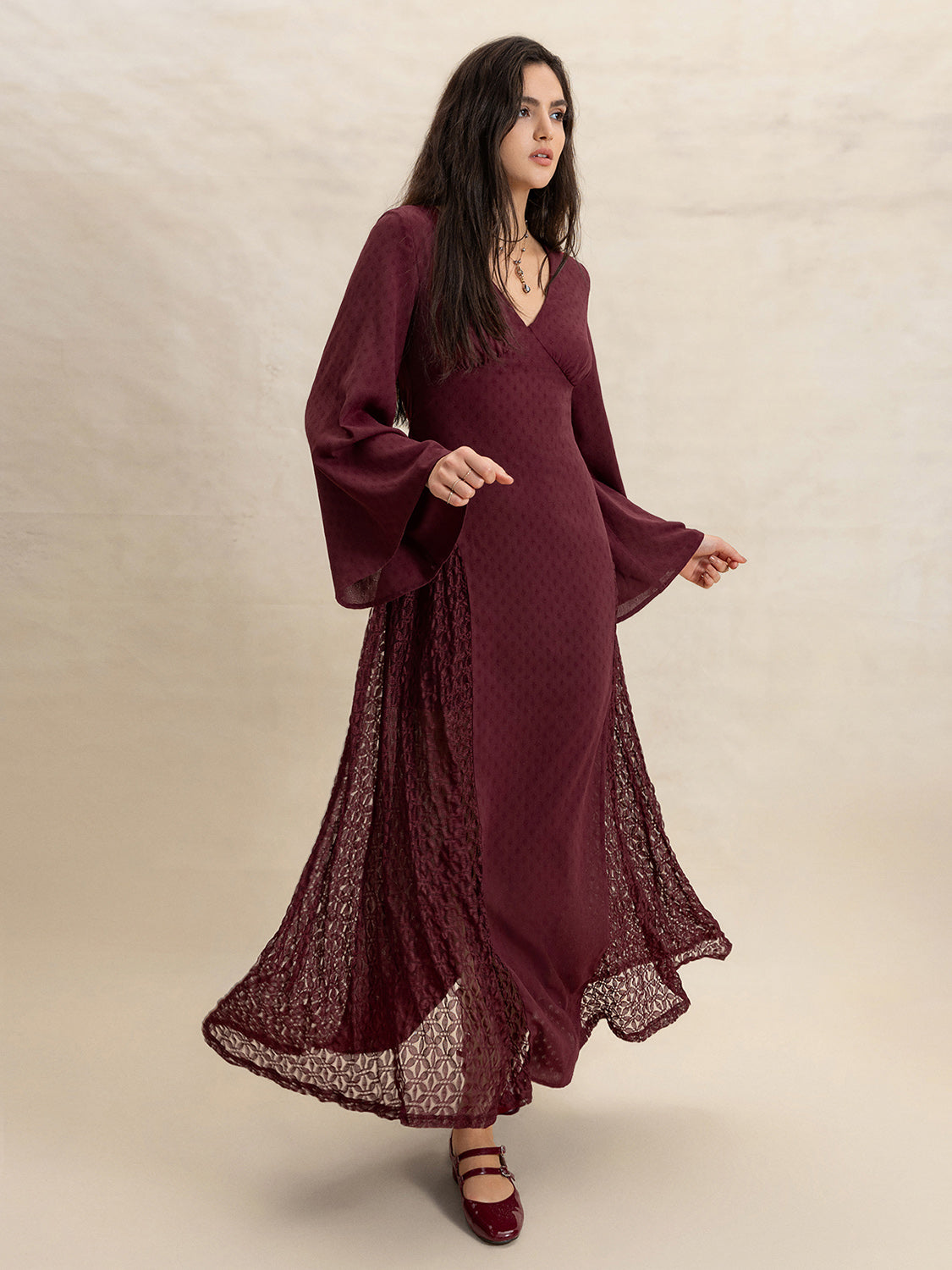 Lace Patchwork V-Neck Long Sleeve Midi Dress-TOPS / DRESSES-[Adult]-[Female]-Burgundy-S-2022 Online Blue Zone Planet