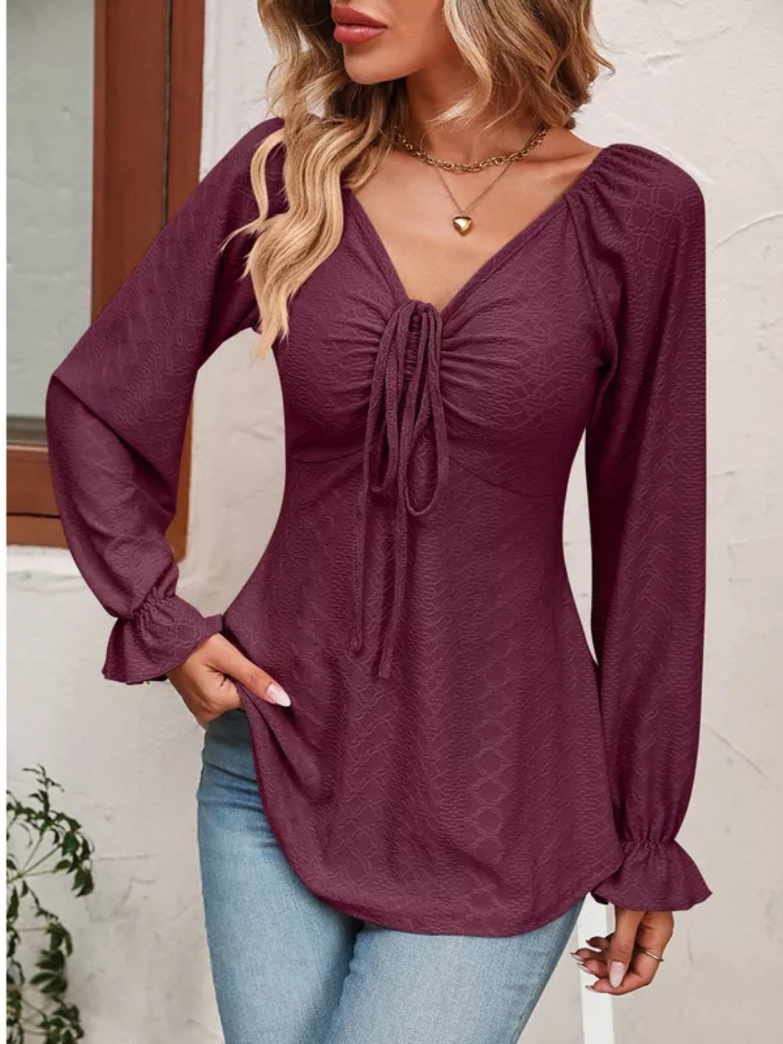 Full Size Drawstring Ruffled V-Neck Long Sleeve Blouse-TOPS / DRESSES-[Adult]-[Female]-2022 Online Blue Zone Planet