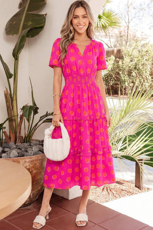 Rose Double Polka Dot Short Sleeve Shirred High Waist Midi Dress-Dresses/Midi Dresses-[Adult]-[Female]-Rose-S-2022 Online Blue Zone Planet