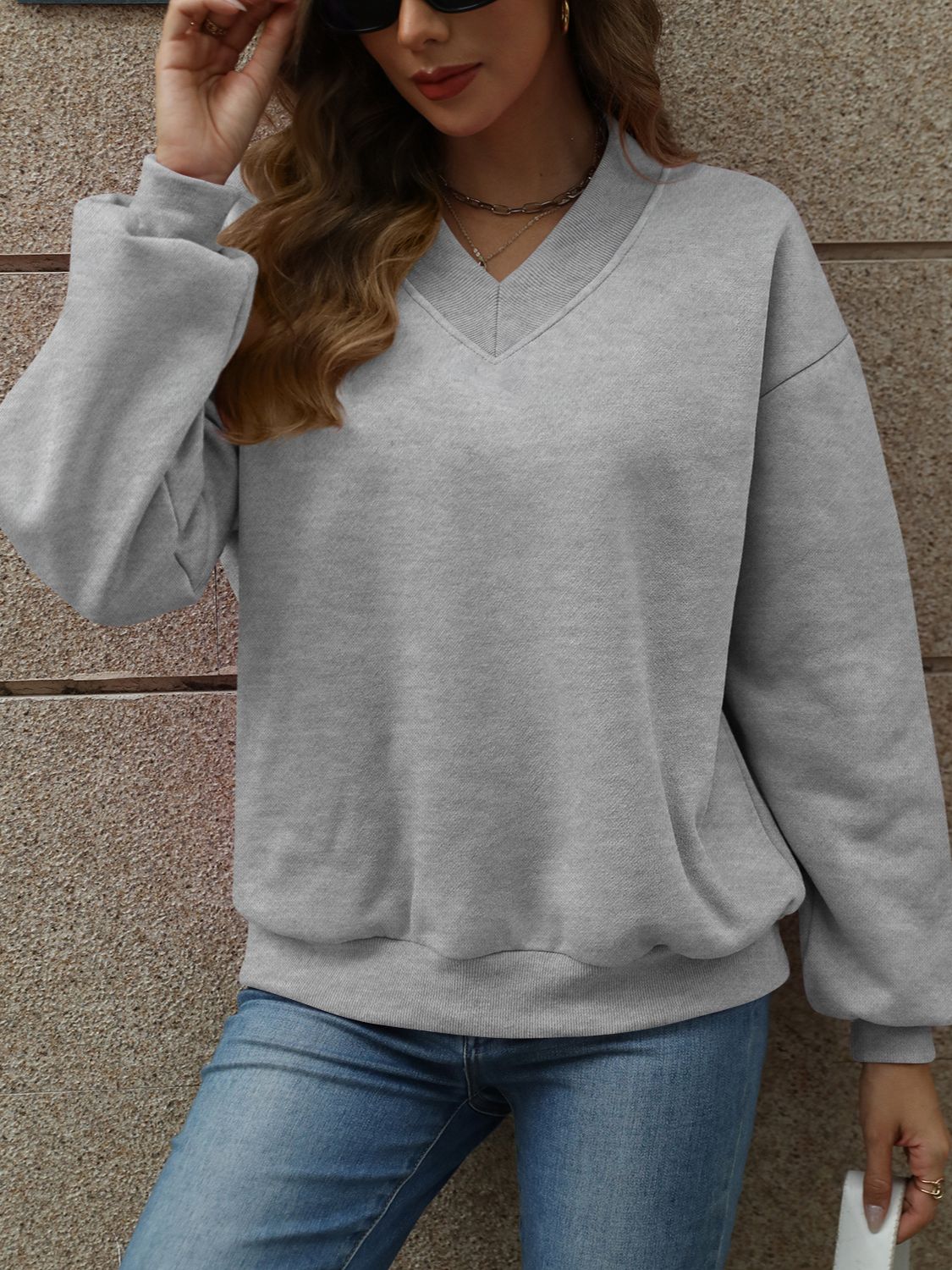 V-Neck Long Sleeve Dropped Shoulder Sweatshirt-TOPS / DRESSES-[Adult]-[Female]-2022 Online Blue Zone Planet