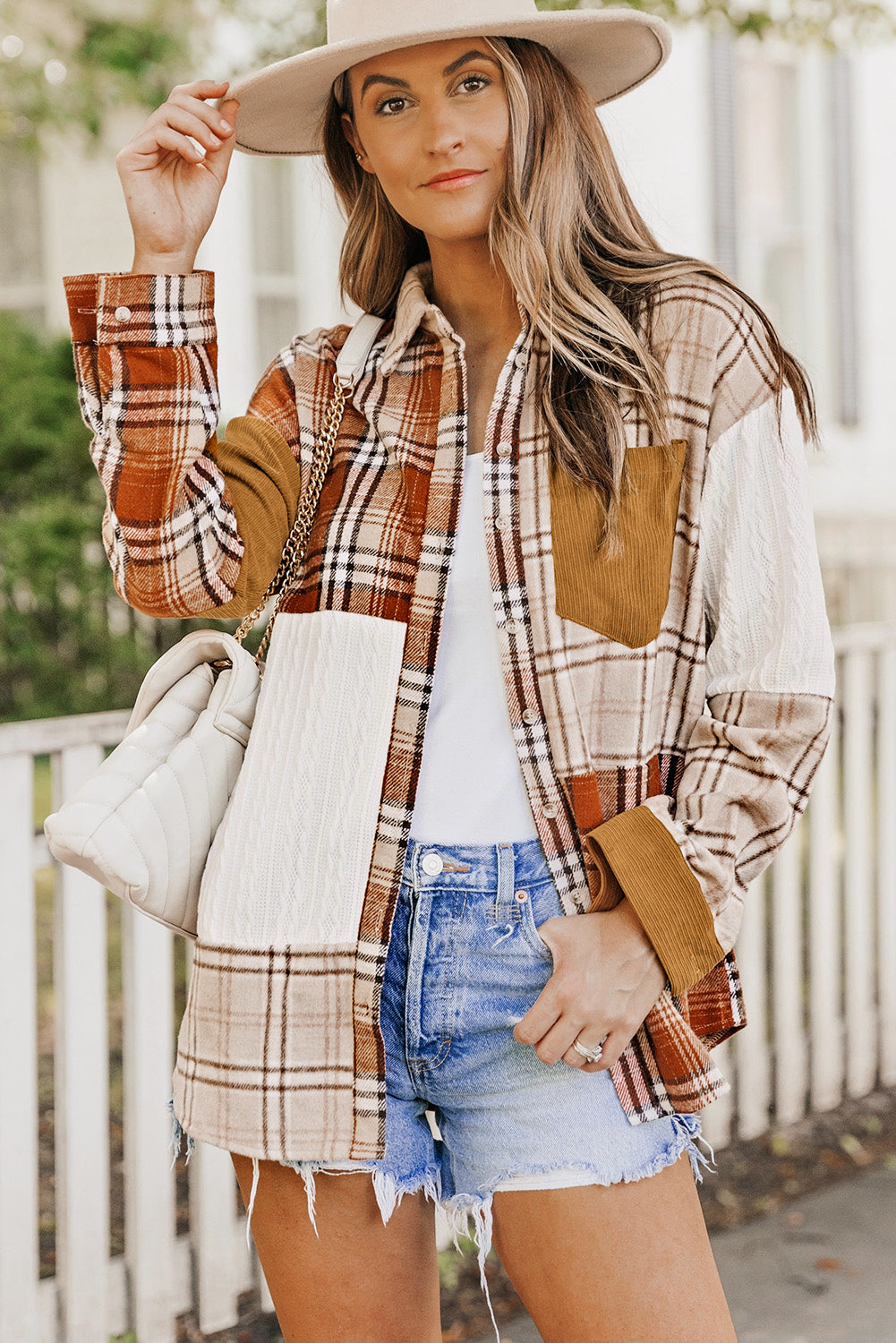 Orange Plaid Color Block Patchwork Shirt Jacket with Pocket-Outerwear/Plaid Shackets-[Adult]-[Female]-Orange-S-2022 Online Blue Zone Planet