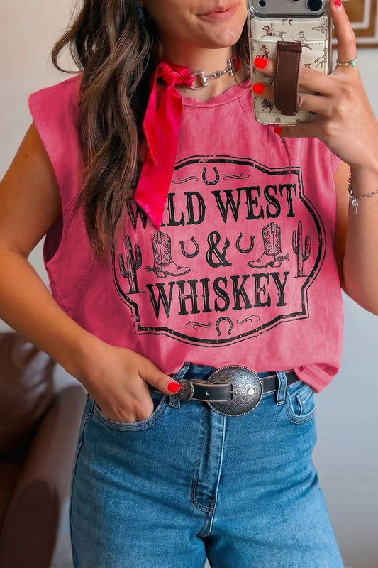 Bonbon Bonbon Toner Washed Wild West Whiskey Print Sleeveless Muscle Top-Tops/Tank Tops-[Adult]-[Female]-2022 Online Blue Zone Planet