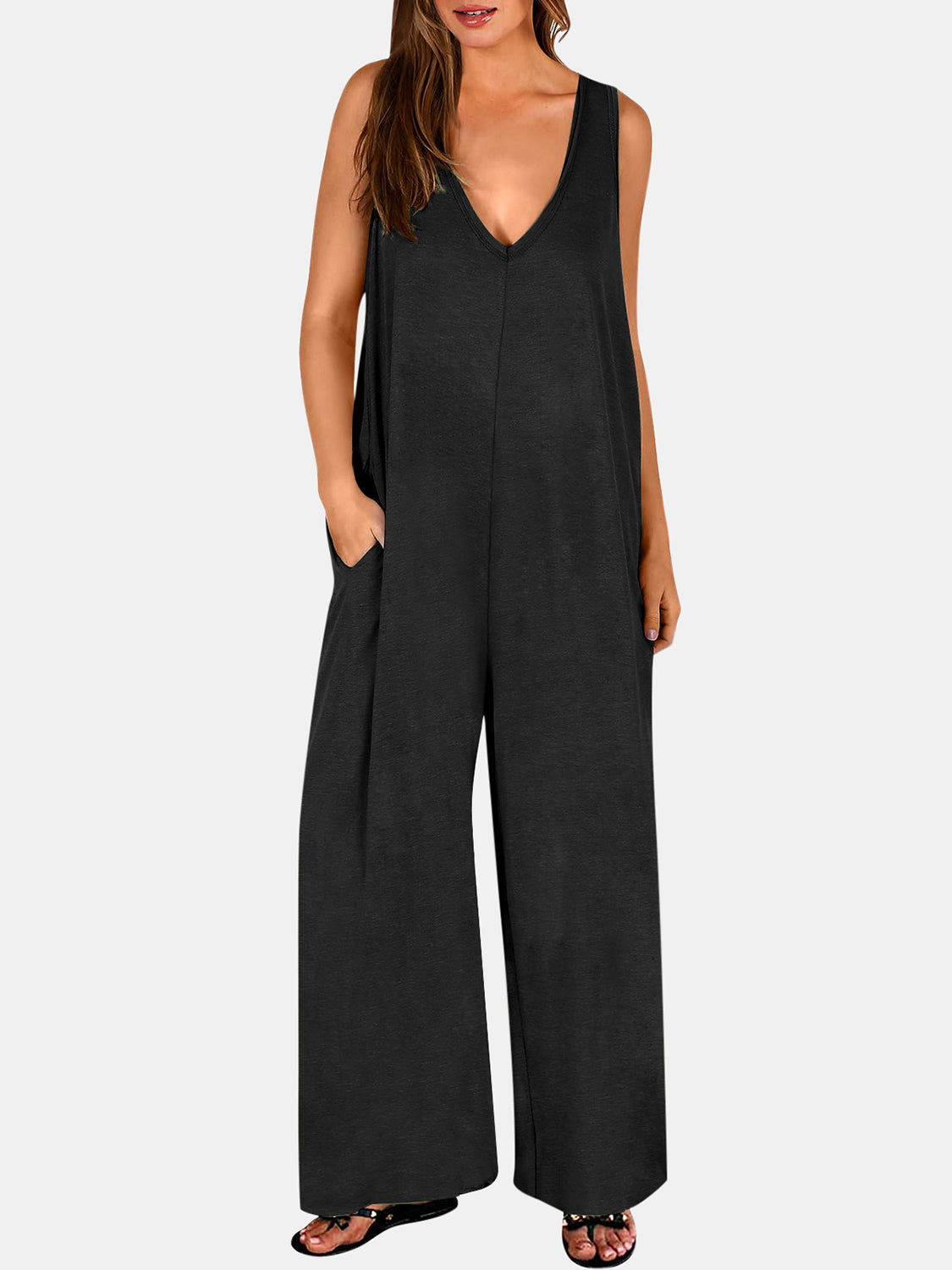 Full Size V-Neck Wide Strap Jumpsuit-TOPS / DRESSES-[Adult]-[Female]-Black-S-2022 Online Blue Zone Planet