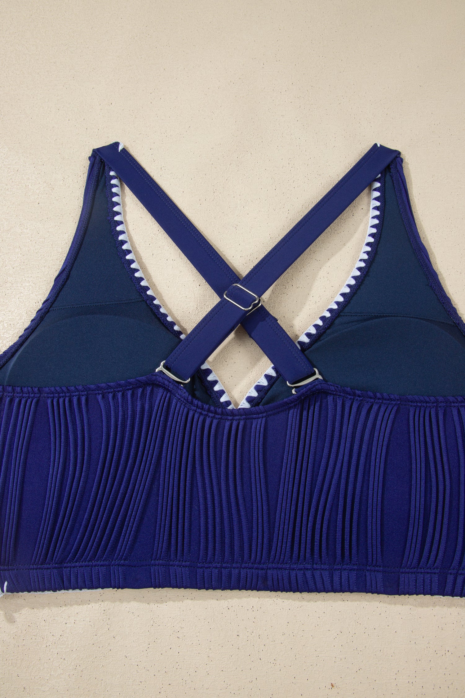 Dark Blue Shell Stitched Trim V Neck Textured Mix and Match High Waist Bikinis-Swimwear/Bikinis-[Adult]-[Female]-2022 Online Blue Zone Planet