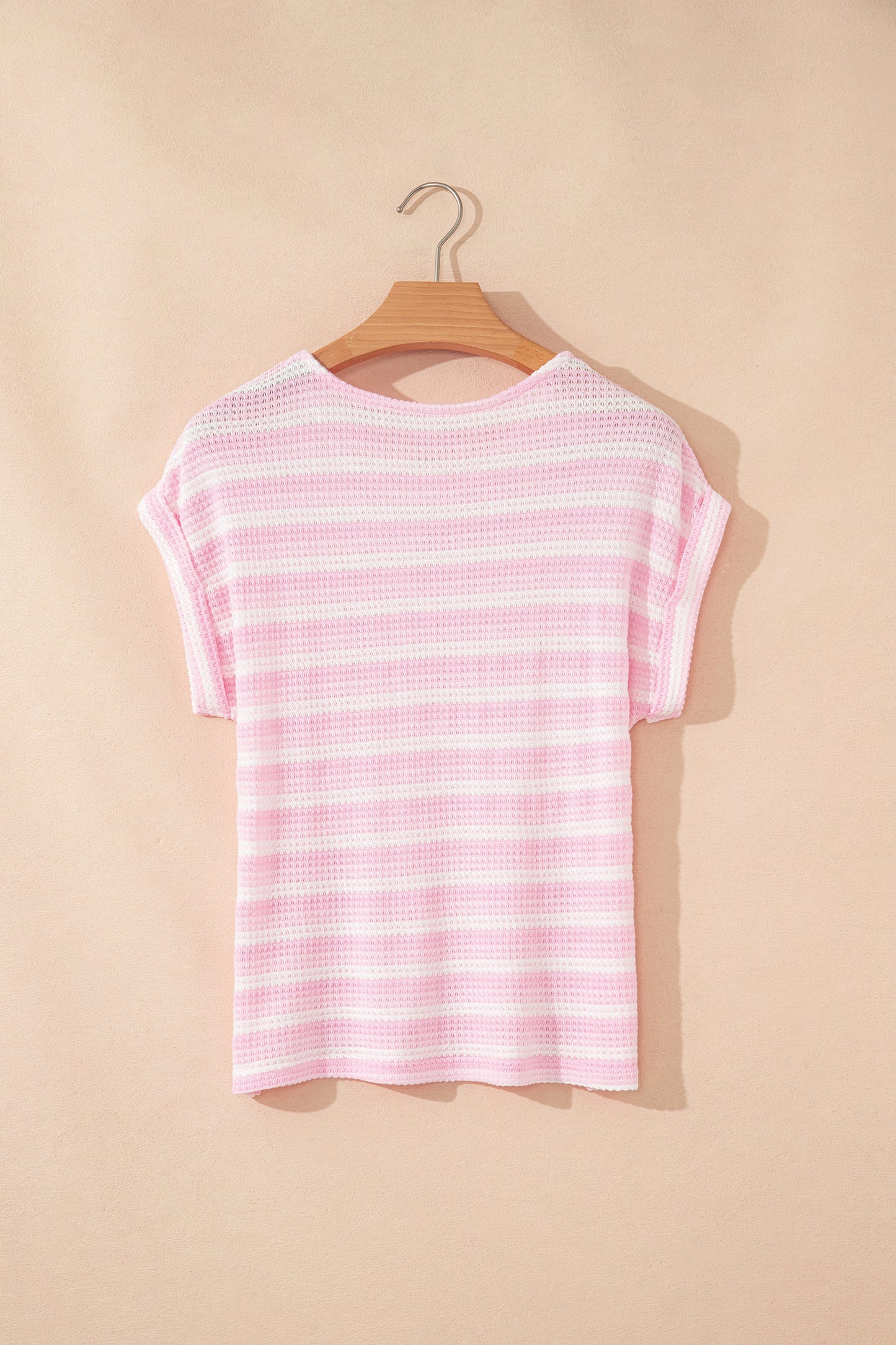 Pink Striped Print Waffle Knit T Shirt-Tops/Tops & Tees-[Adult]-[Female]-2022 Online Blue Zone Planet