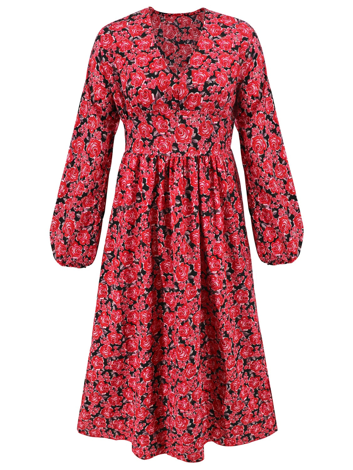 Floral V-Neck Long Sleeve Midi Dress-TOPS / DRESSES-[Adult]-[Female]-2022 Online Blue Zone Planet