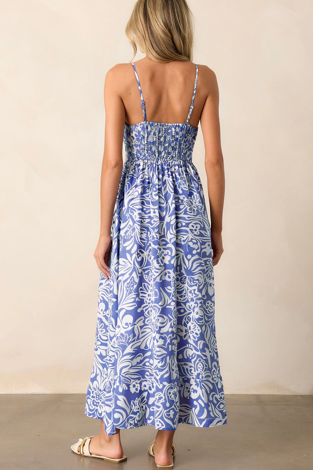 Sky Blue Floral Print Spaghetti Strap High Waist Maxi Dress-Dresses/Floral Dresses-[Adult]-[Female]-2022 Online Blue Zone Planet