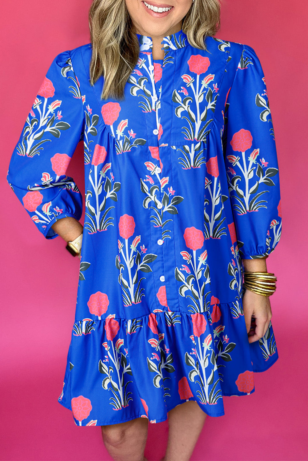 Blue Floral Print Button Detail 3/4 Puff Sleeve Ruffle Hem Dress-Dresses/Floral Dresses-[Adult]-[Female]-Blue-S-2022 Online Blue Zone Planet