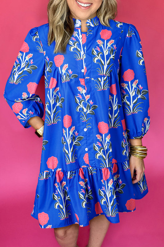 Blue Floral Print Button Detail 3/4 Puff Sleeve Ruffle Hem Dress-Dresses/Floral Dresses-[Adult]-[Female]-Blue-S-2022 Online Blue Zone Planet