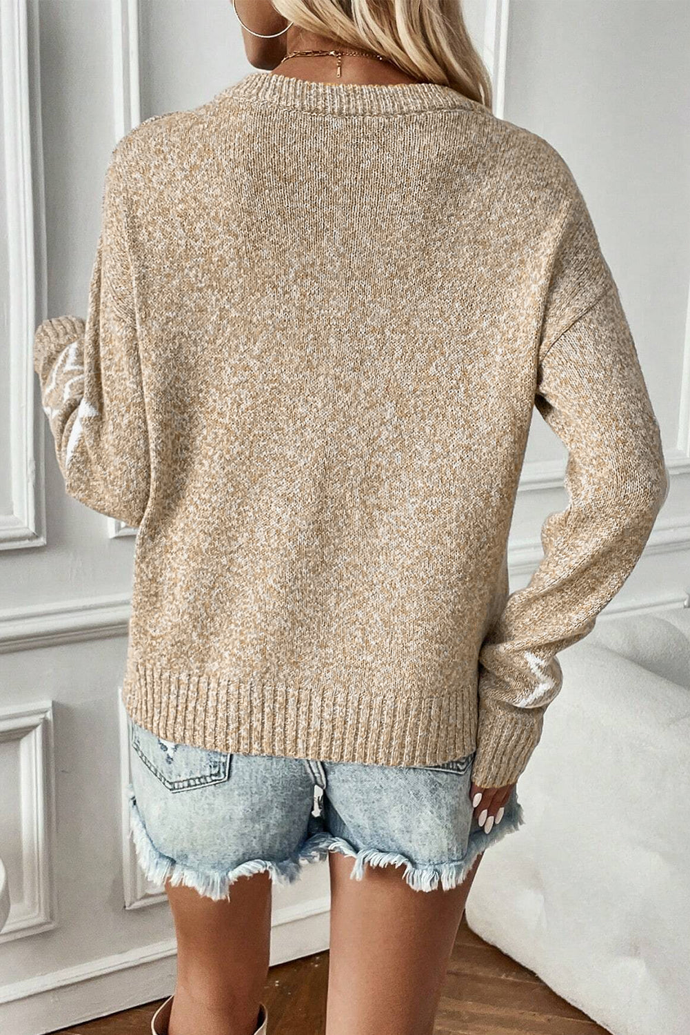 Blue Zone Planet | Khaki Star Pattern Drop Shoulder Plus Size Sweater-Plus Size/Plus Size Sweaters & Cardigans-[Adult]-[Female]-2022 Online Blue Zone Planet