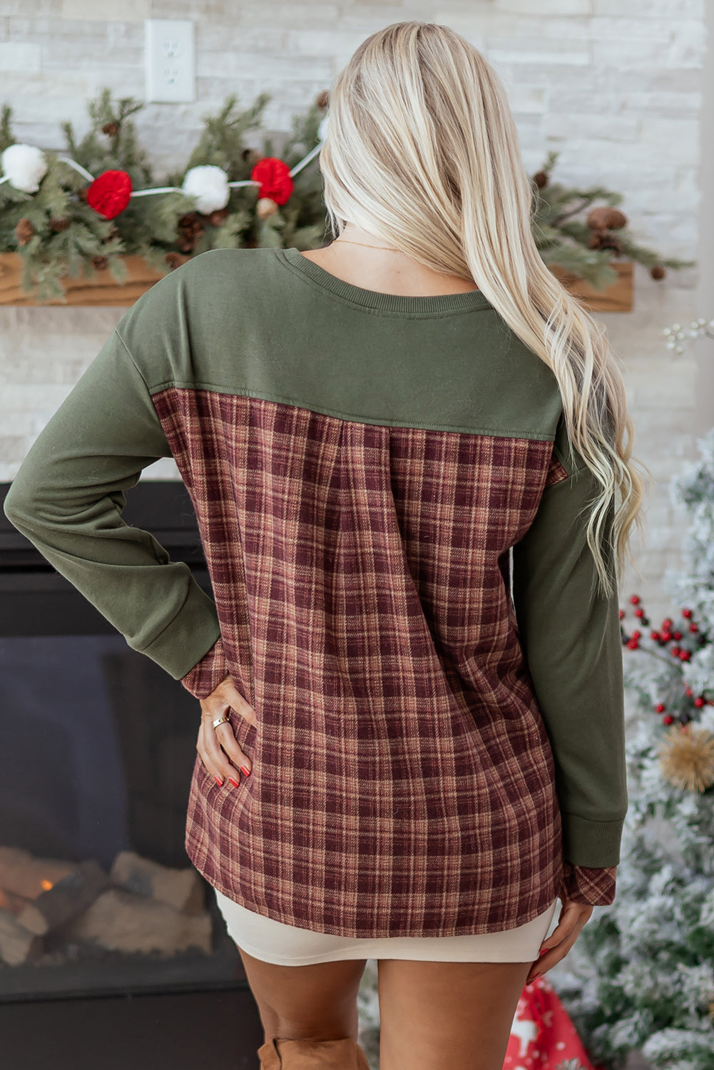 Moss Green Vintage Plaid Patchwork Drop Shoulder Sweatshirt-Tops/Sweatshirts & Hoodies-[Adult]-[Female]-2022 Online Blue Zone Planet
