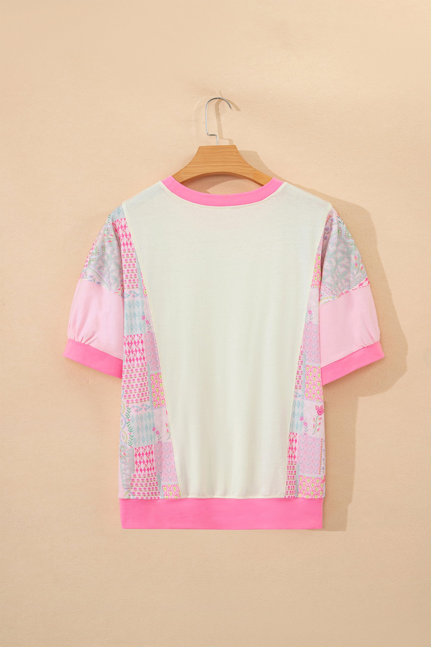 Beige Color Block Floral Patchwork Big Flower Accent Relaxed Top-Tops/Tops & Tees-[Adult]-[Female]-2022 Online Blue Zone Planet
