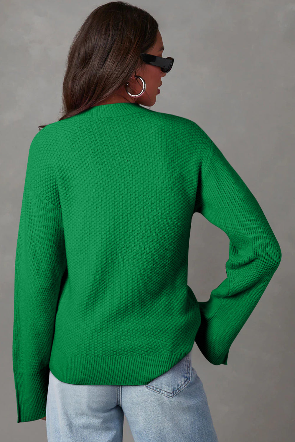 Dark Green Solid Textured Knit Split Cuff Drop Shoulder Loose Sweater-Sweaters & Cardigans/Sweaters-[Adult]-[Female]-2022 Online Blue Zone Planet