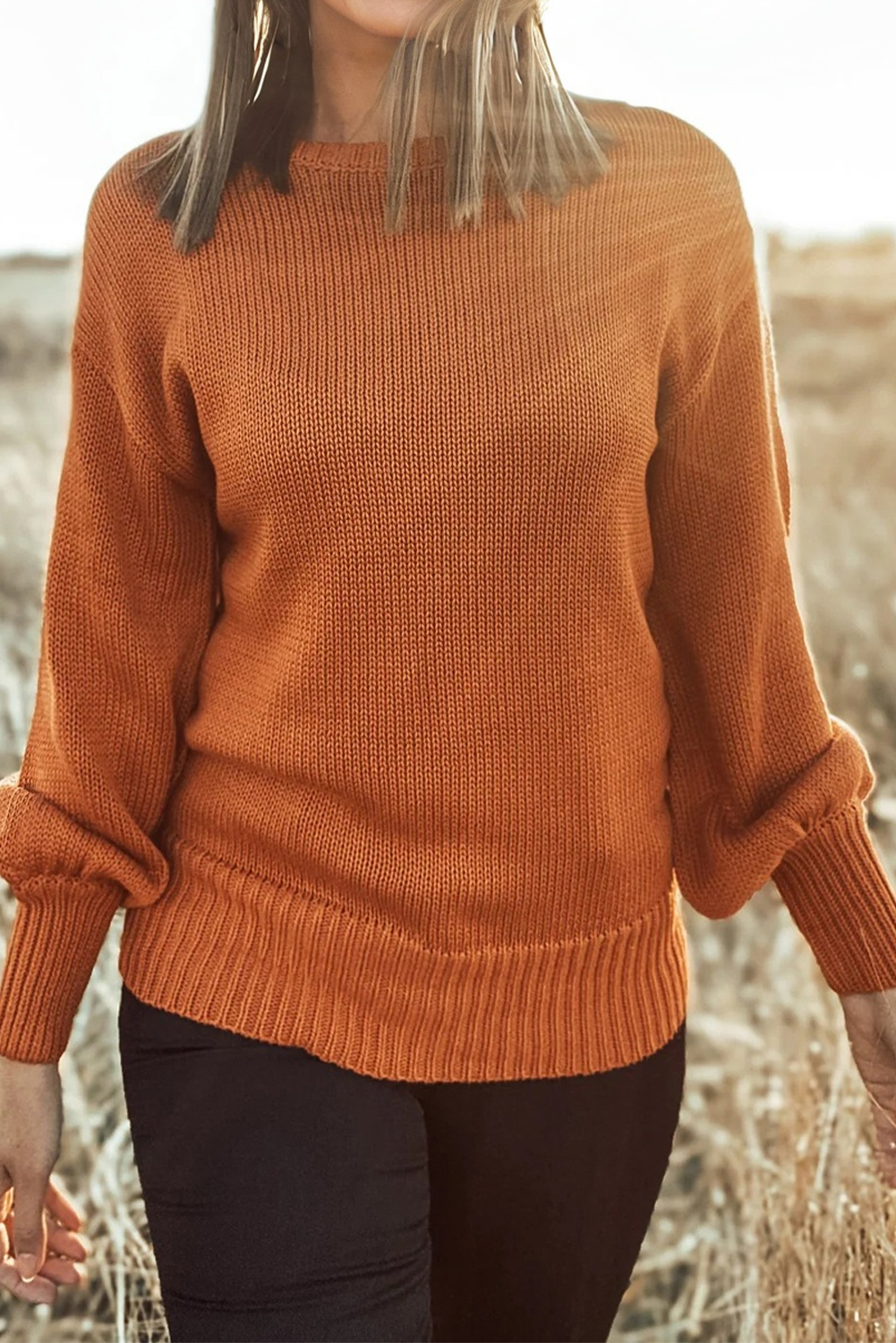 Gold Flame Solid Color Ribbed Trim Drop Shoulder Sweater-TOPS / DRESSES-[Adult]-[Female]-2022 Online Blue Zone Planet