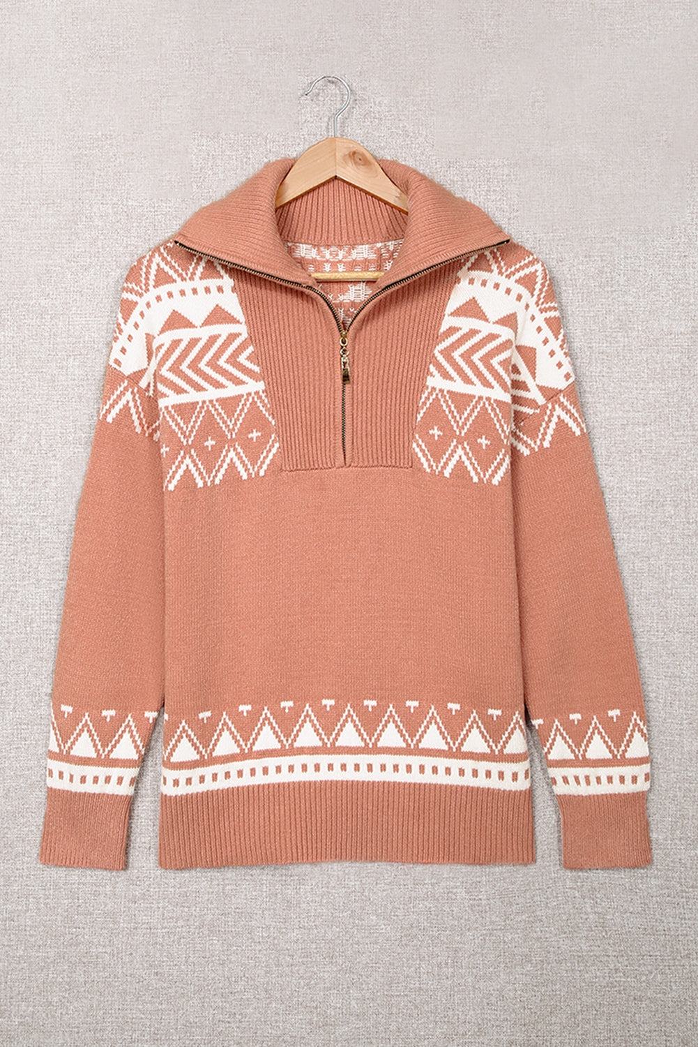 White Geometry Knit Quarter Zip Sweater-Tops/Sweaters & Cardigans-[Adult]-[Female]-2022 Online Blue Zone Planet