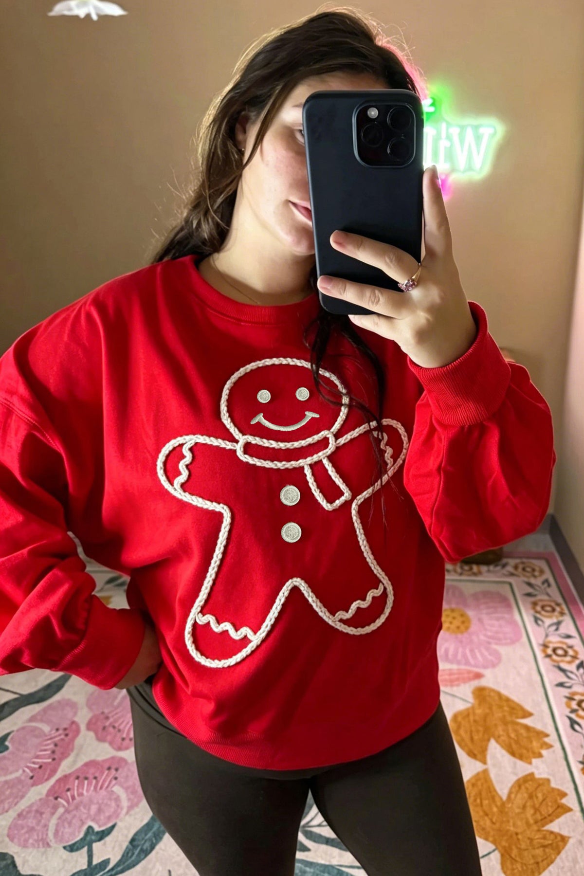 Fiery Red Christmas Embroidered Long Sleeve Casual Round Neck Loose Fit Sweatshirt-Tops/Sweatshirts & Hoodies-[Adult]-[Female]-2022 Online Blue Zone Planet