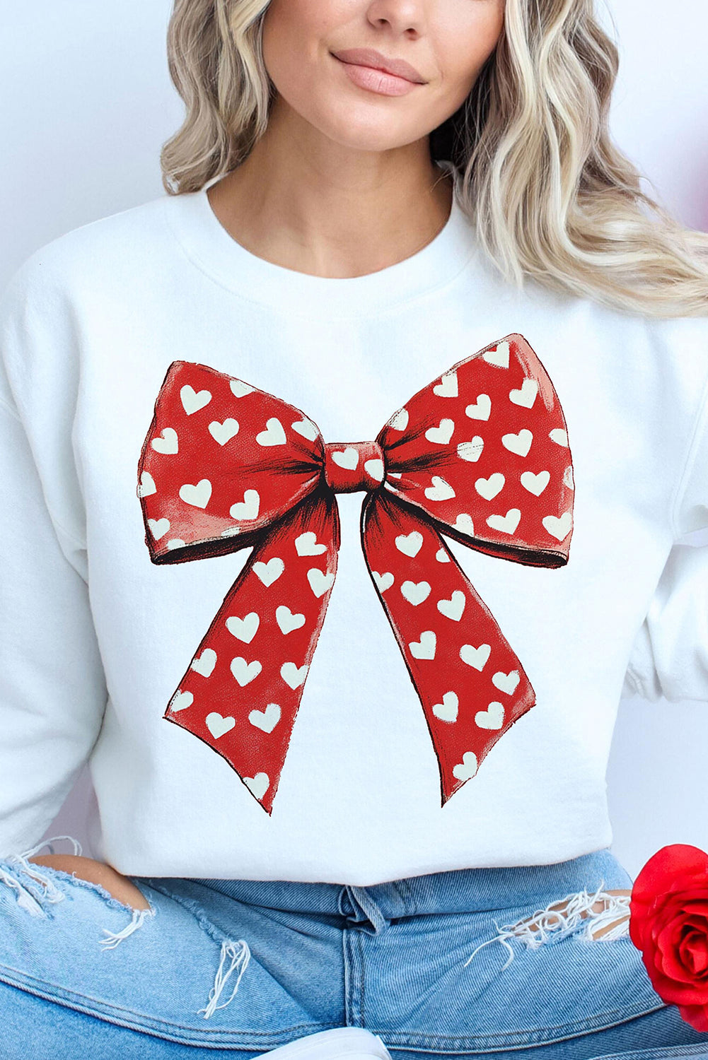 White Heart Bow Printed Round Neck Valentines Pullover Sweatshirt-Graphic Sweatshirts-[Adult]-[Female]-2022 Online Blue Zone Planet