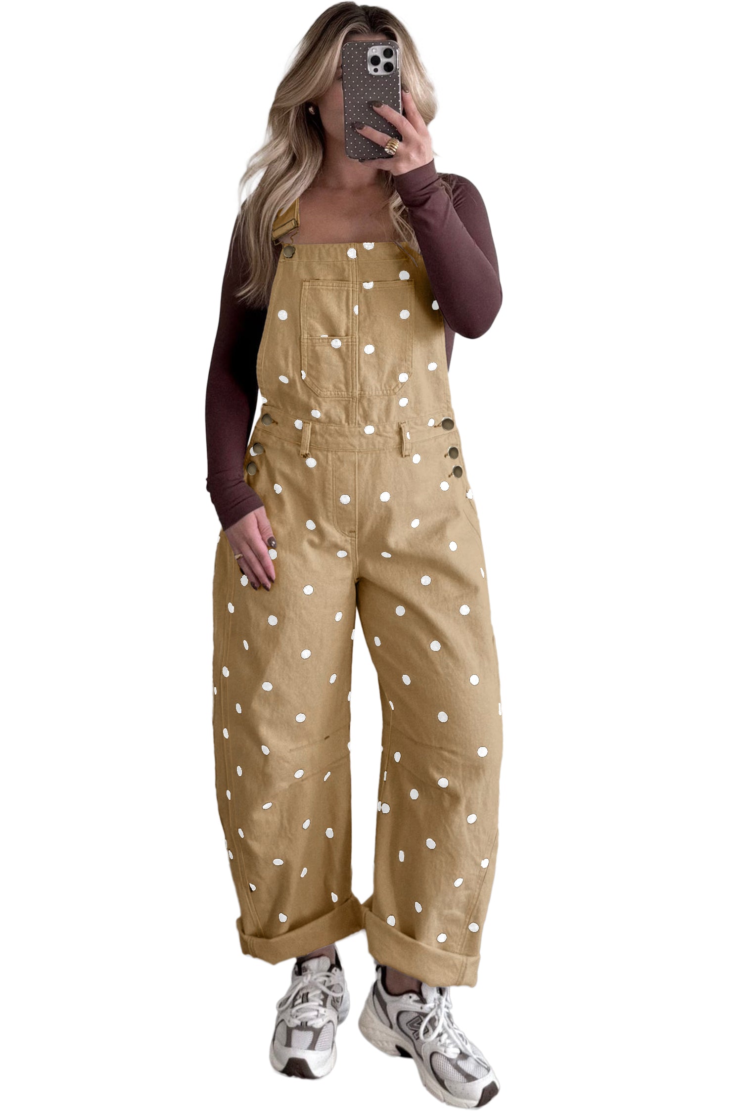 Jet Stream Polka Dot Print Bib Pocket Denim Barrel Overalls Jumpsuit-Bottoms/Jumpsuits & Rompers-[Adult]-[Female]-2022 Online Blue Zone Planet