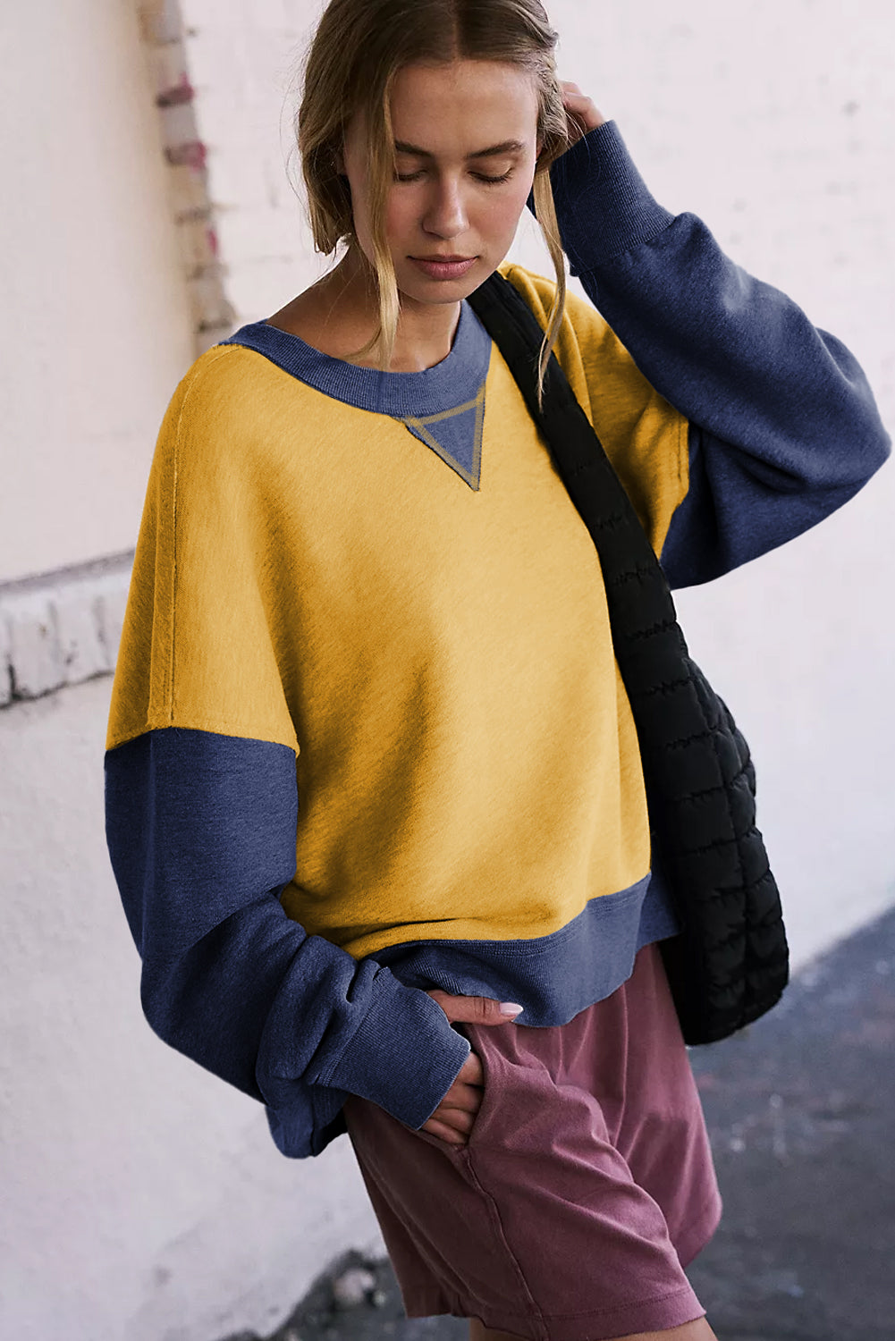 Blue Zone Planet | Parchment Color Block Thumbhole Sleeve Drop Shoulder Sweatshirt-Tops/Sweatshirts & Hoodies-[Adult]-[Female]-2022 Online Blue Zone Planet