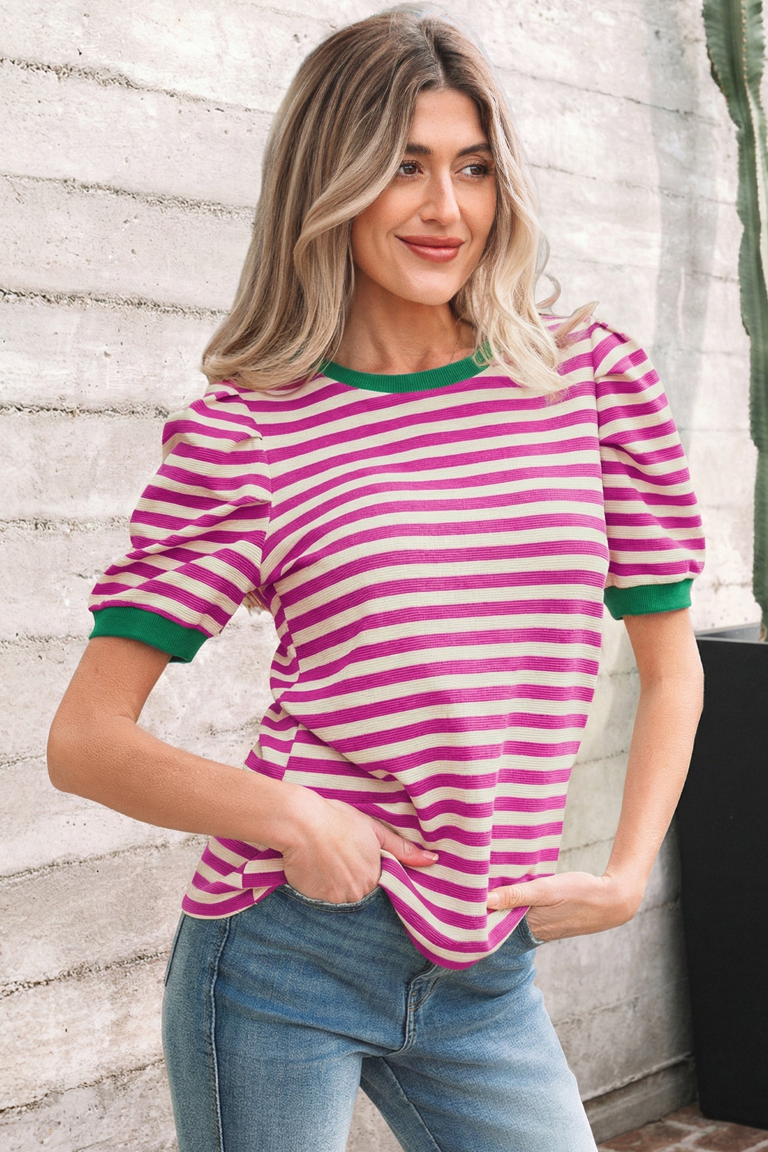 Rose Stripe Short Puff Sleeve Contrast Trim Round Neck Tee-Tops/Tops & Tees-[Adult]-[Female]-2022 Online Blue Zone Planet