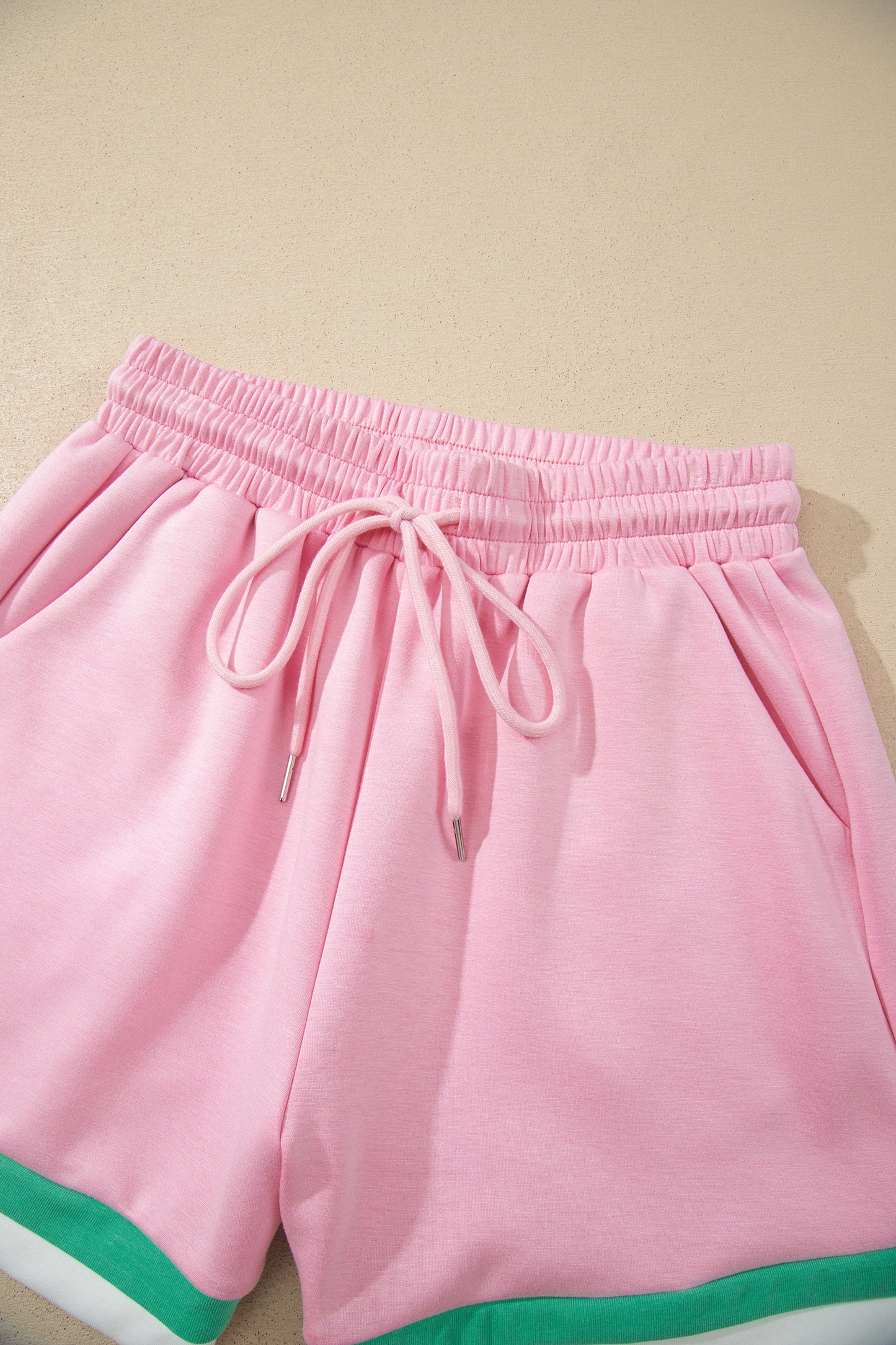 Bonbon Striped Trim Casual Tee Drawstring Shorts 2pcs Set-Two Piece Sets/Short Sets-[Adult]-[Female]-2022 Online Blue Zone Planet