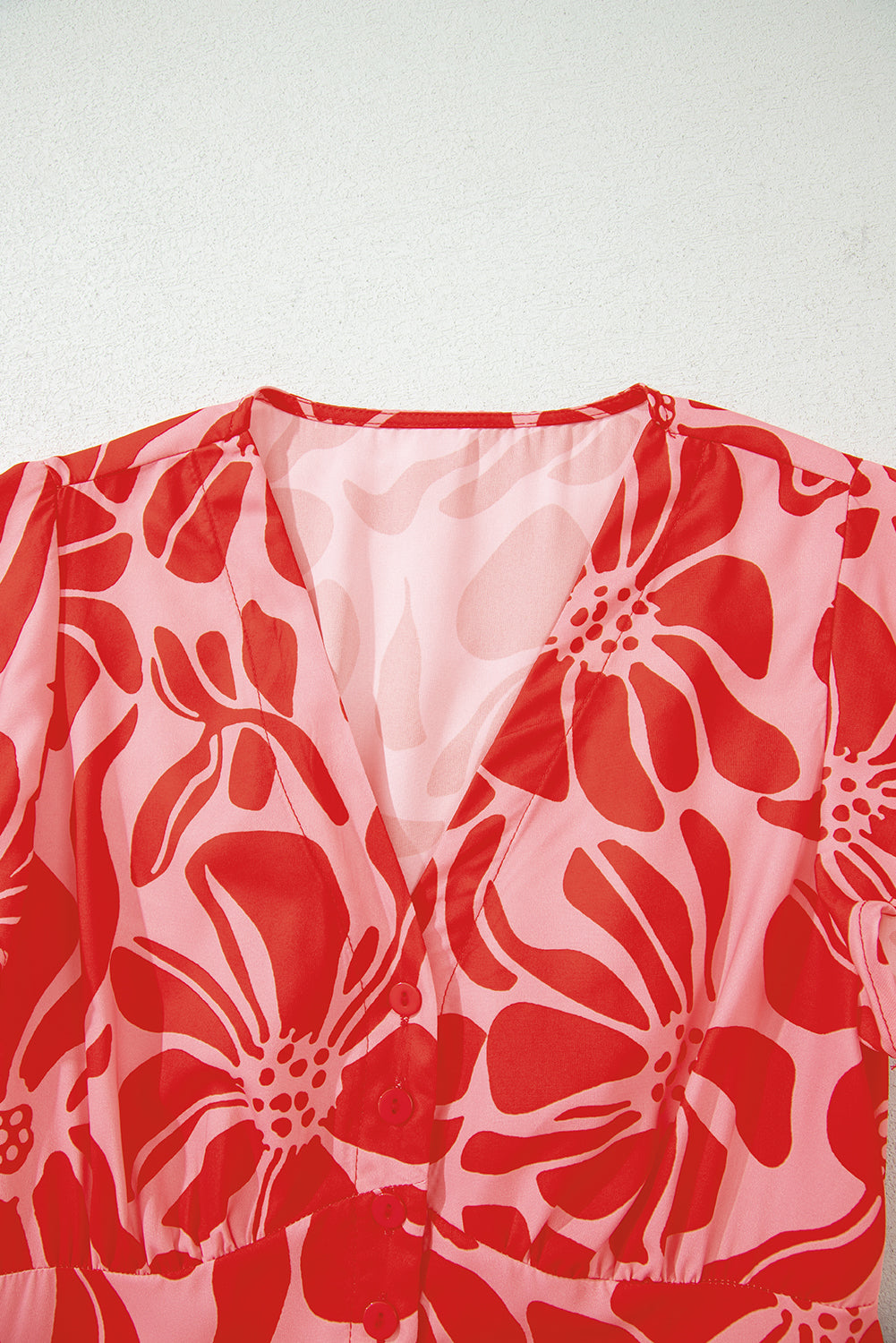 Red Boho Floral Short Sleeve V Neck Buttoned Shirred Waist Long Dress-TOPS / DRESSES-[Adult]-[Female]-2022 Online Blue Zone Planet