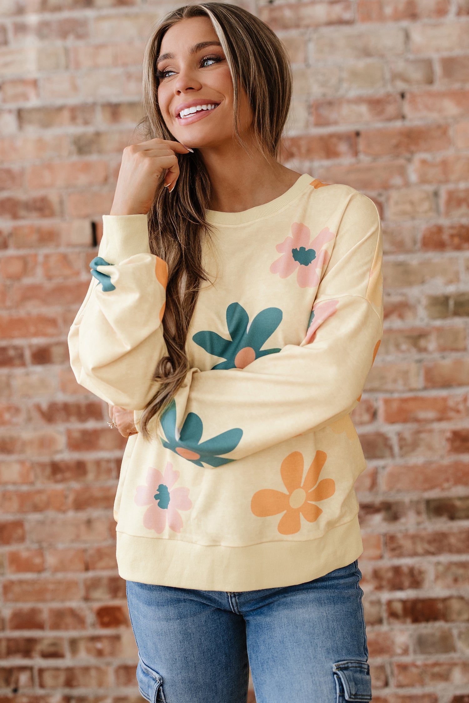 Khaki Mineral Washed French Terry Flower Print Sweatshirt-Tops/Sweatshirts & Hoodies-[Adult]-[Female]-2022 Online Blue Zone Planet